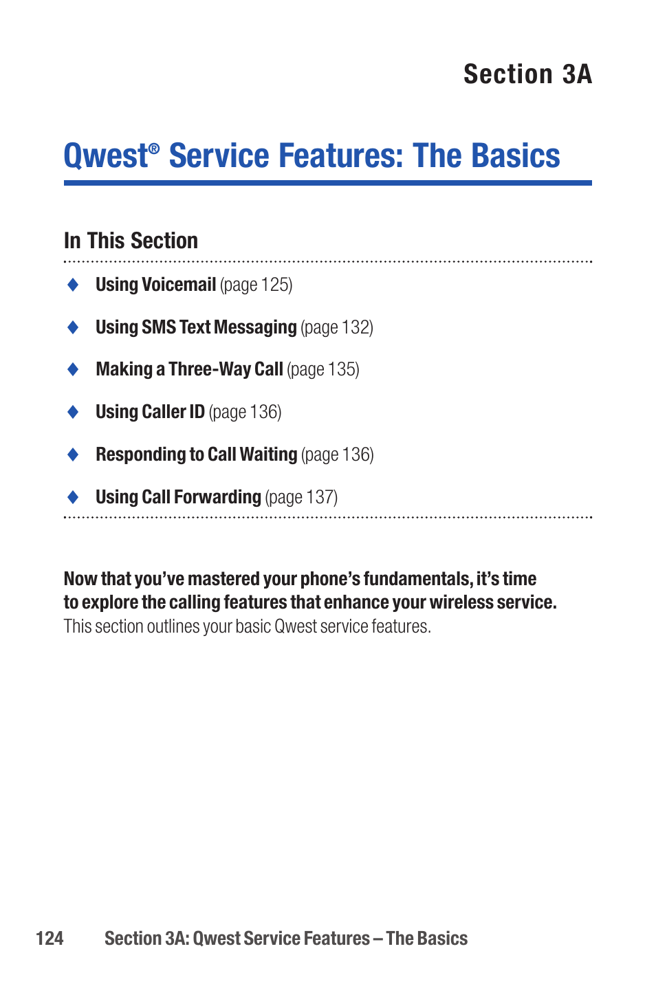 Qwest service features: the basics, Qwest, Service features: the basics | Qwest S1 User Manual | Page 138 / 187