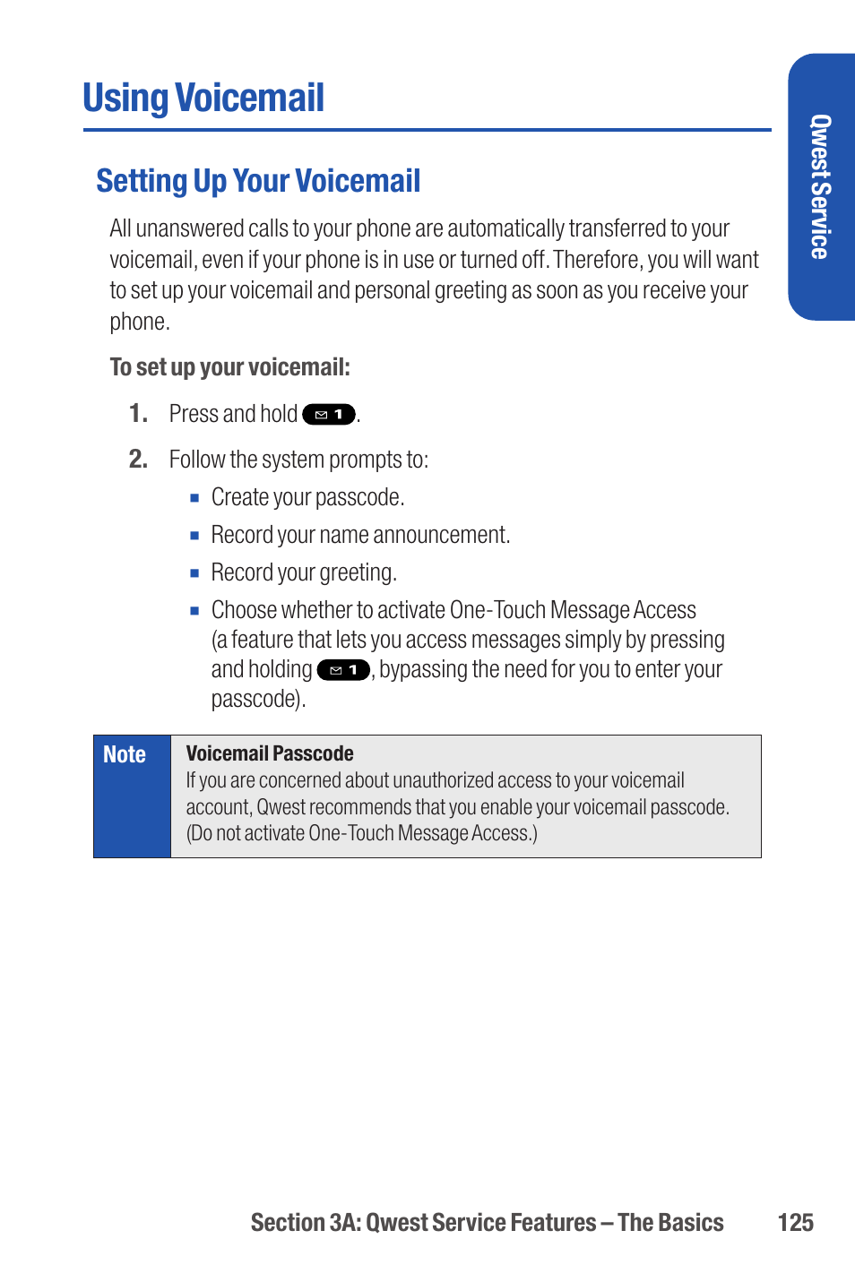 Using voicemail, Setting up your voicemail | Qwest S1 User Manual | Page 139 / 187