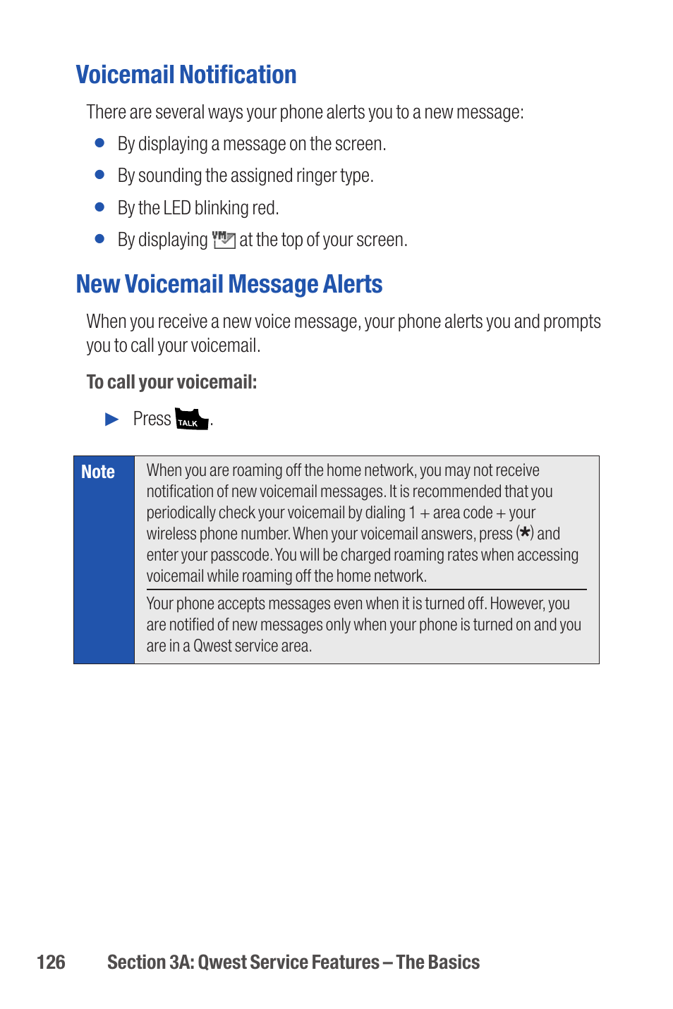 Voicemail notification, New voicemail message alerts | Qwest S1 User Manual | Page 140 / 187