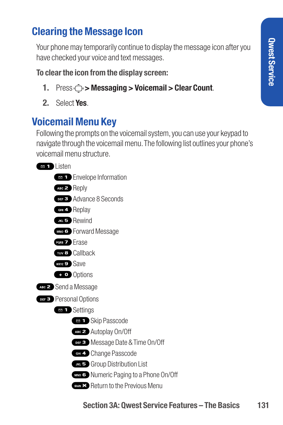 Clearing the message icon, Voicemail menu key | Qwest S1 User Manual | Page 145 / 187