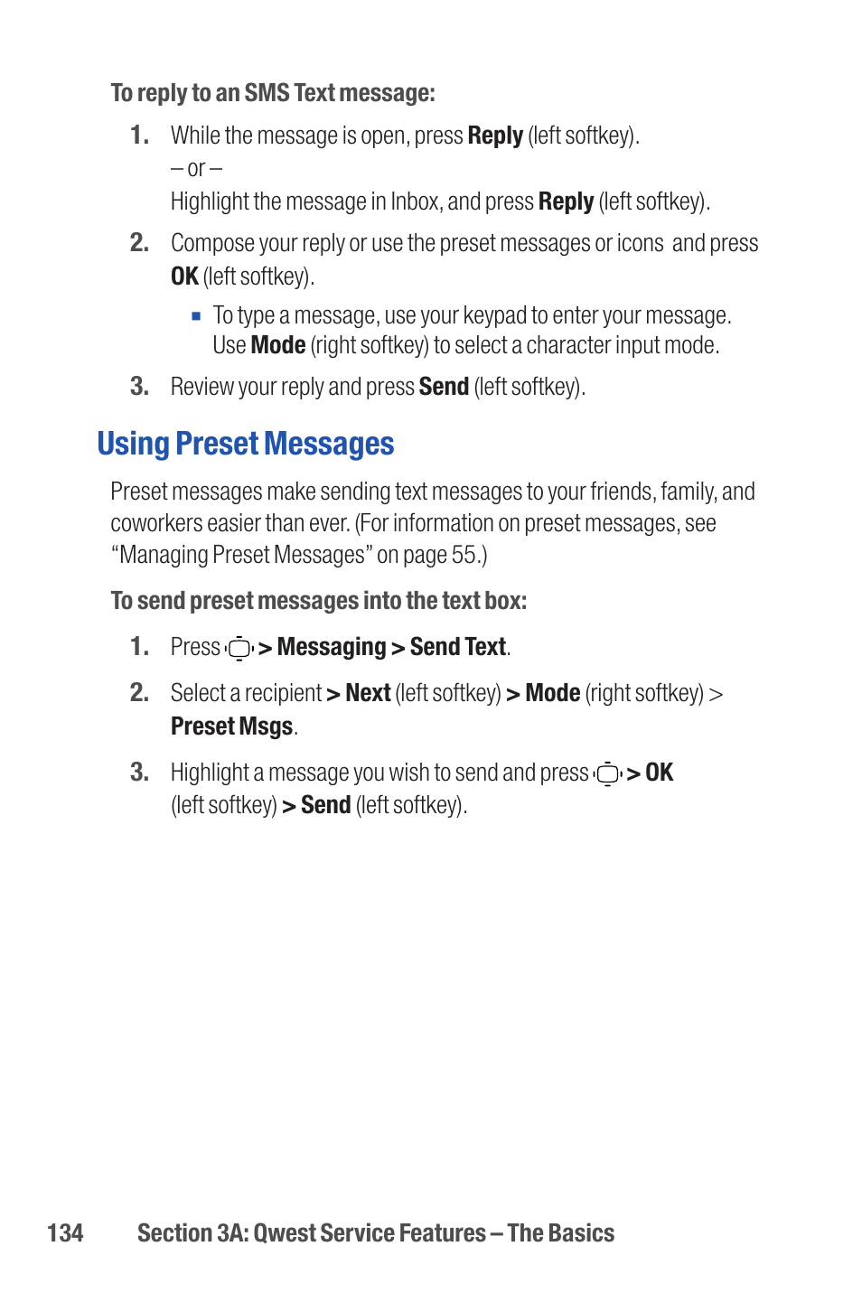 Using preset messages | Qwest S1 User Manual | Page 148 / 187