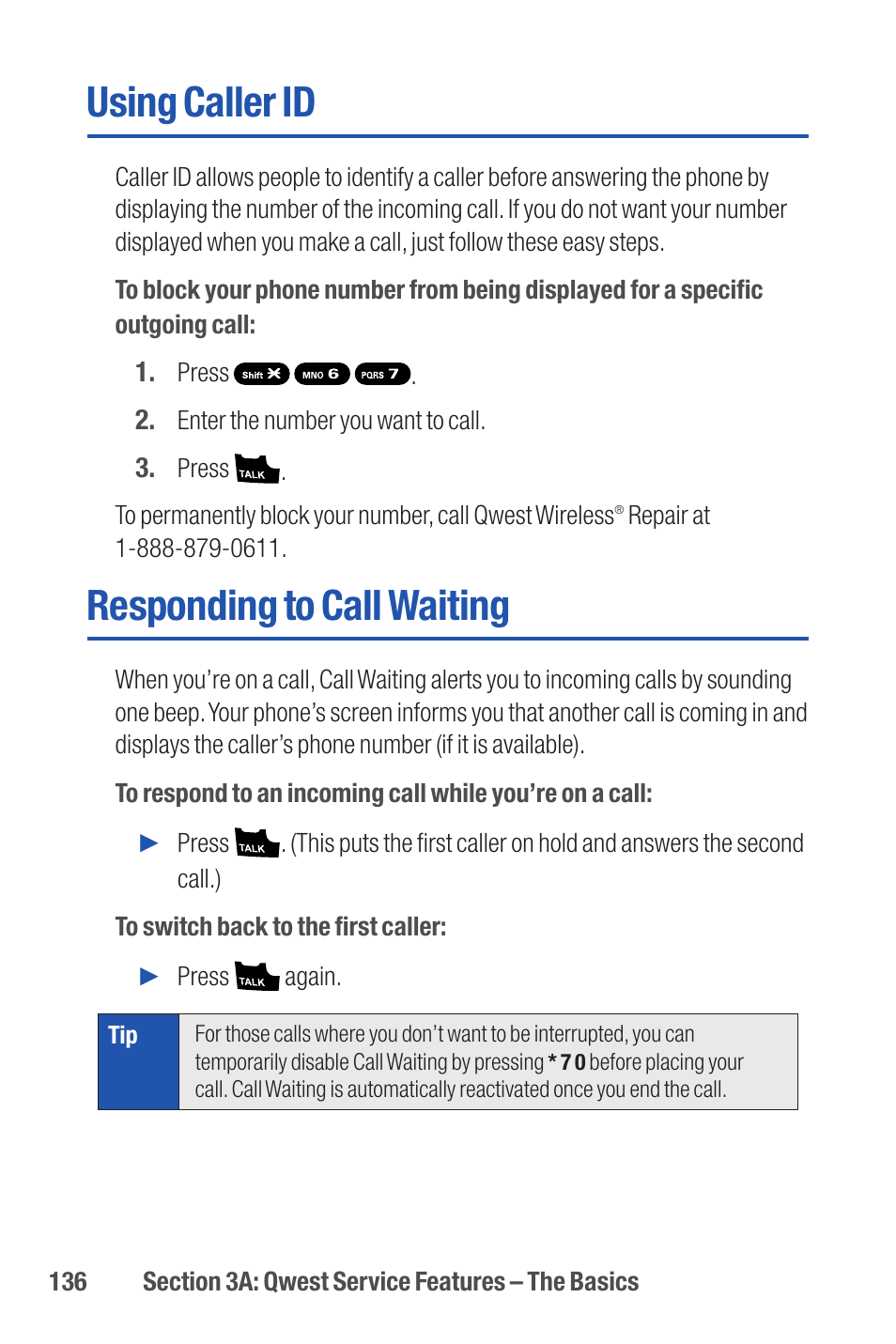 Using caller id, Responding to call waiting | Qwest S1 User Manual | Page 150 / 187