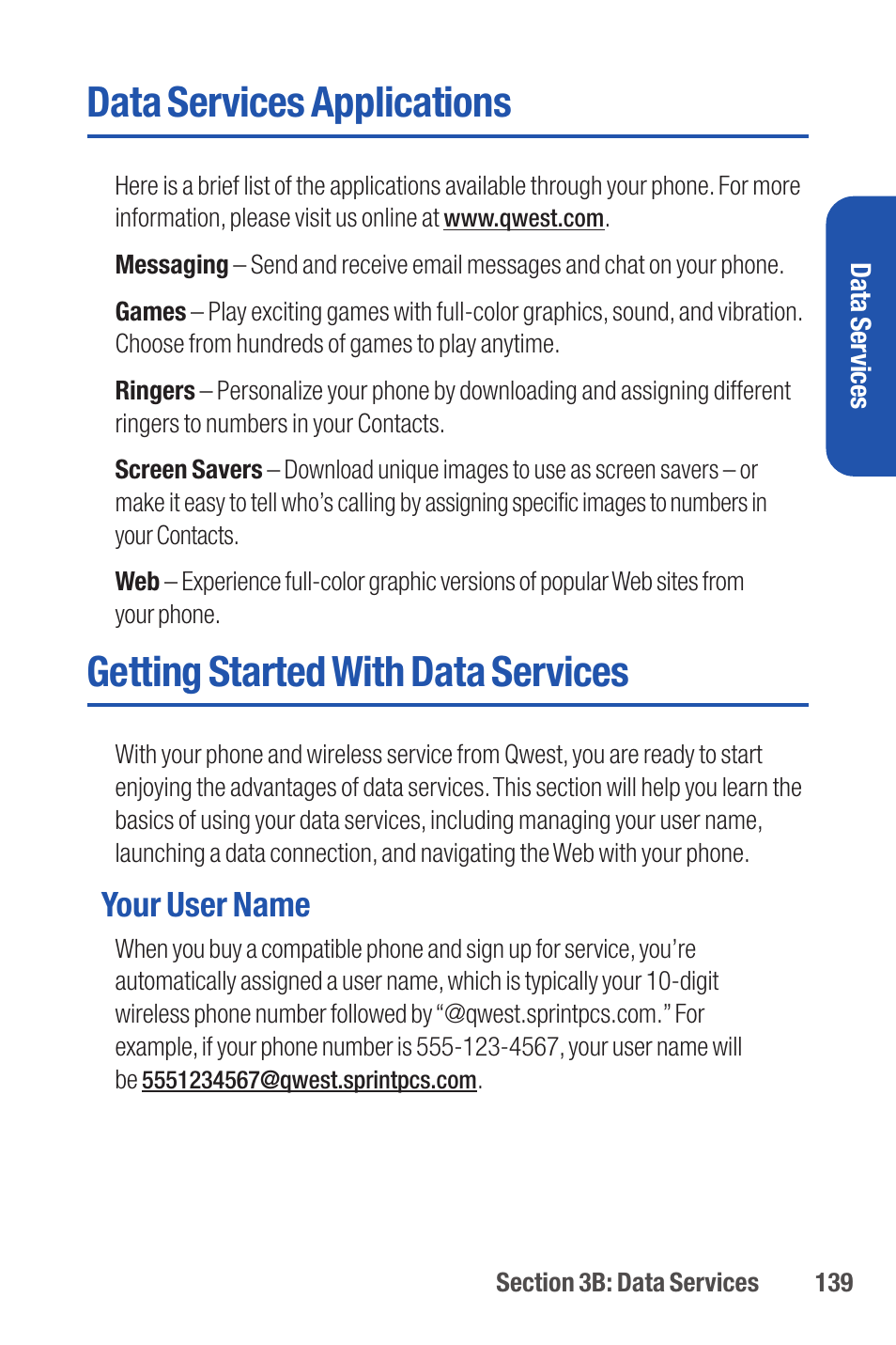 Data services applications, Getting started with data services, Your user name | Qwest S1 User Manual | Page 153 / 187