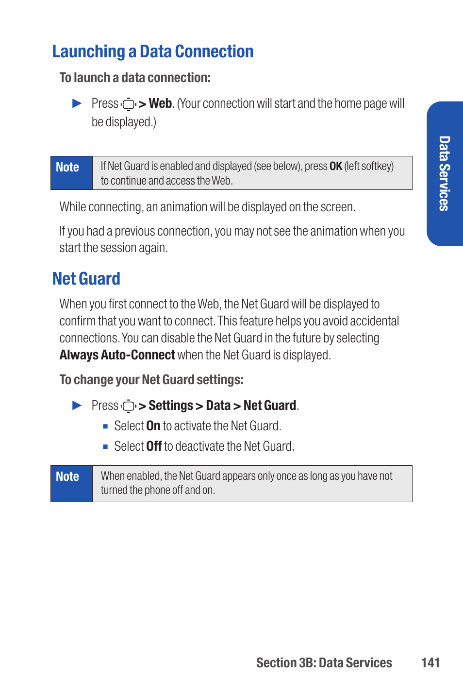 Launching a data connection, Net guard | Qwest S1 User Manual | Page 155 / 187