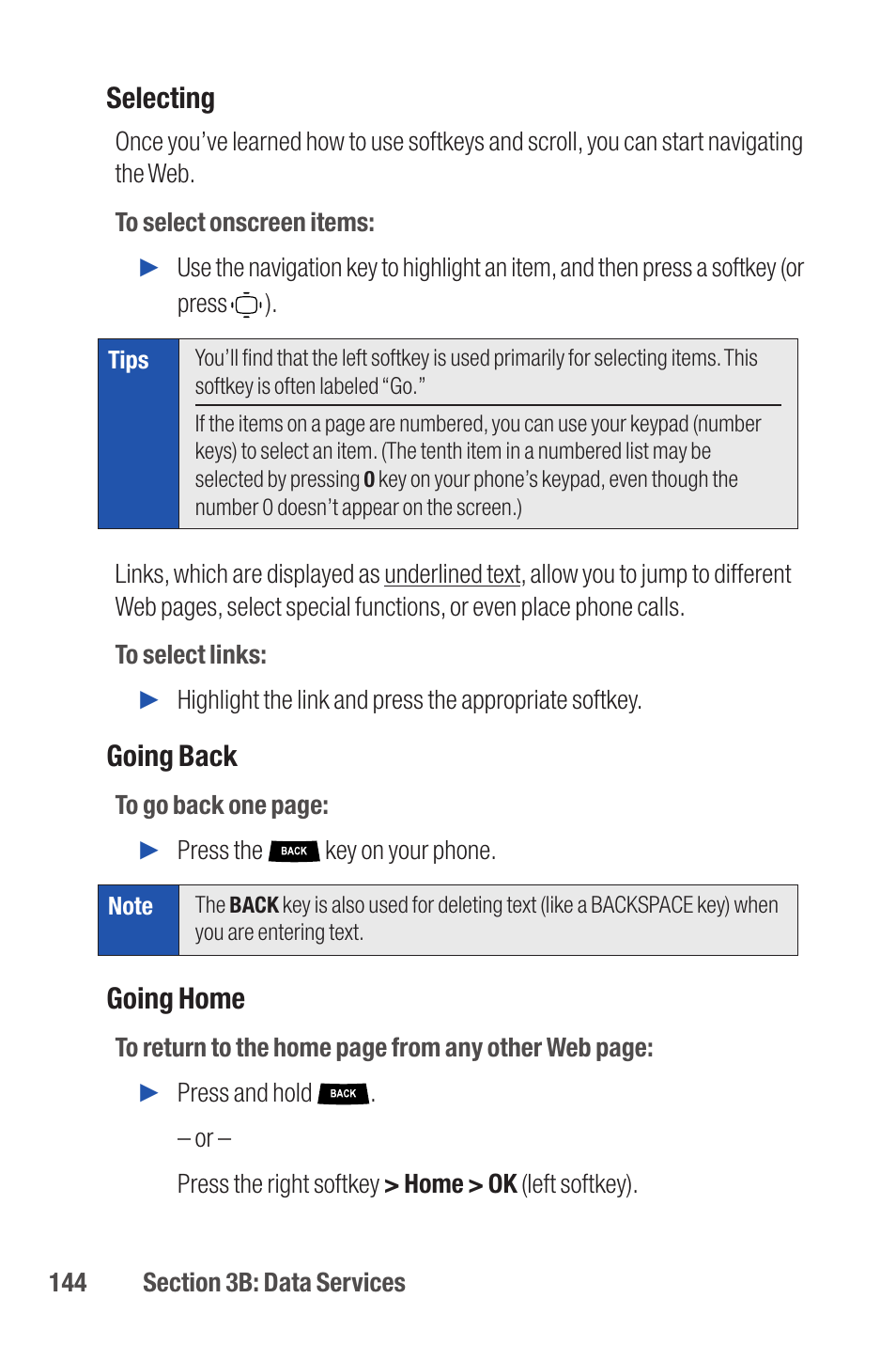 Selecting, Going back, Going home | Qwest S1 User Manual | Page 158 / 187