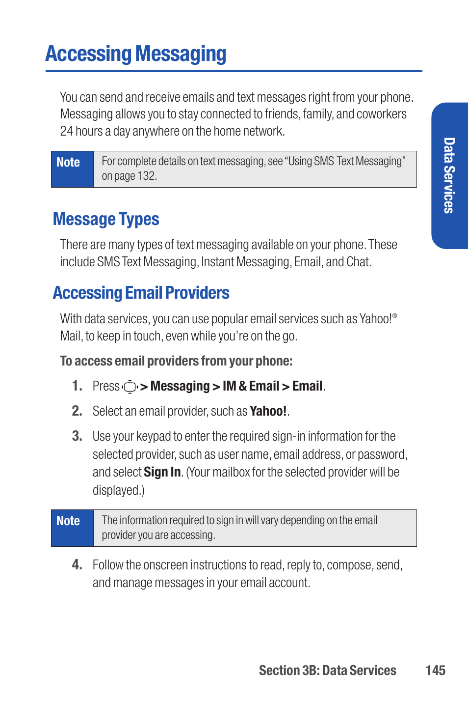 Accessing messaging, 145) and sms, Message types | Accessing email providers | Qwest S1 User Manual | Page 159 / 187