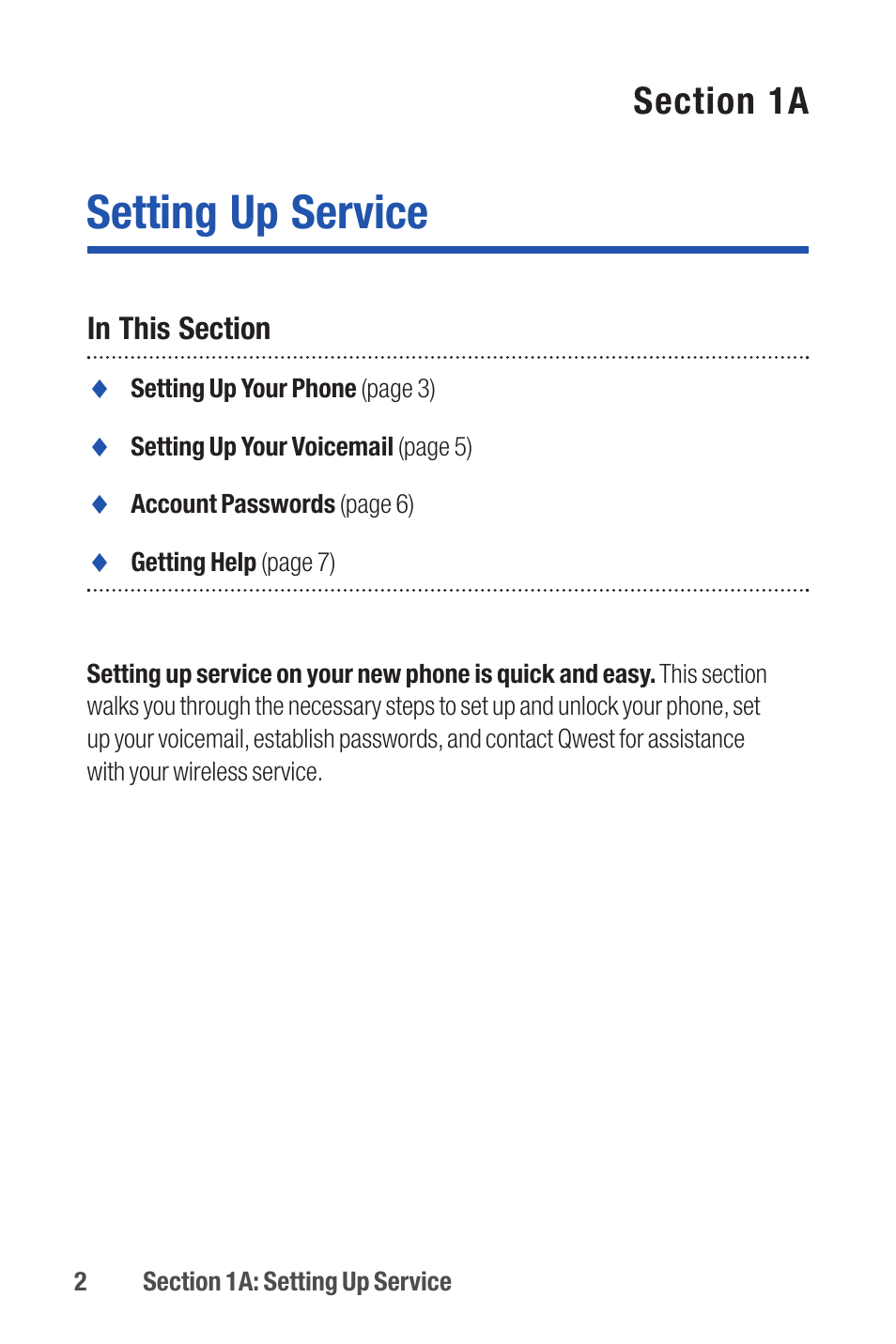 Setting up service | Qwest S1 User Manual | Page 16 / 187