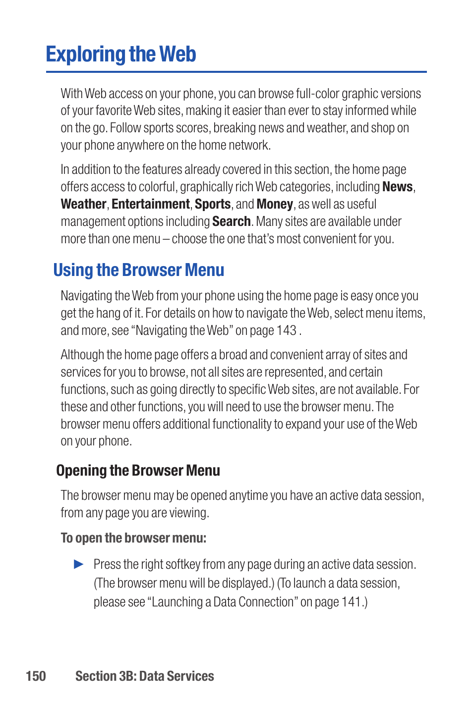 Exploring the web, Using the browser menu | Qwest S1 User Manual | Page 164 / 187