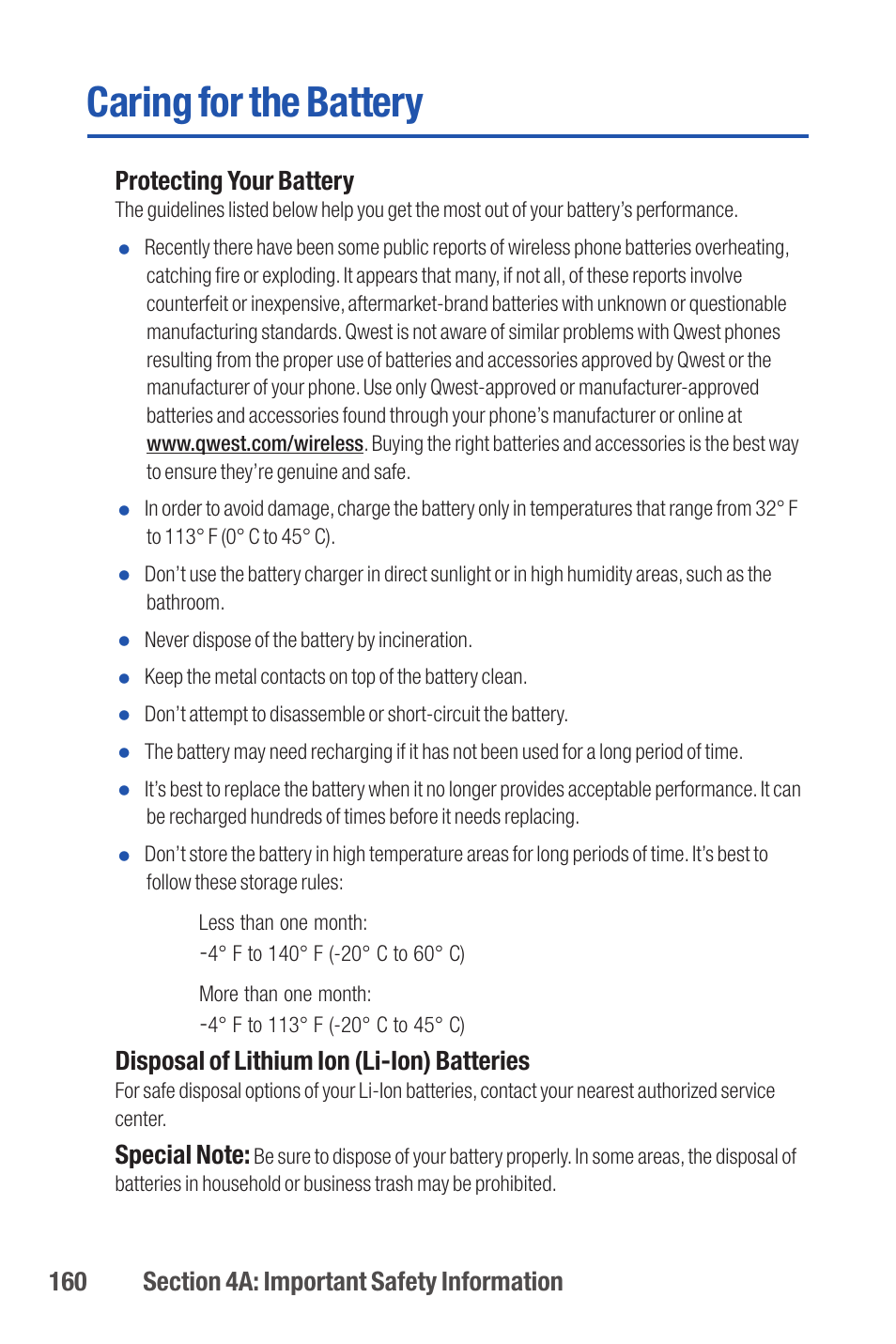 Caring for the battery, Protecting your battery, Disposal of lithium ion (li-ion) batteries | Qwest S1 User Manual | Page 174 / 187