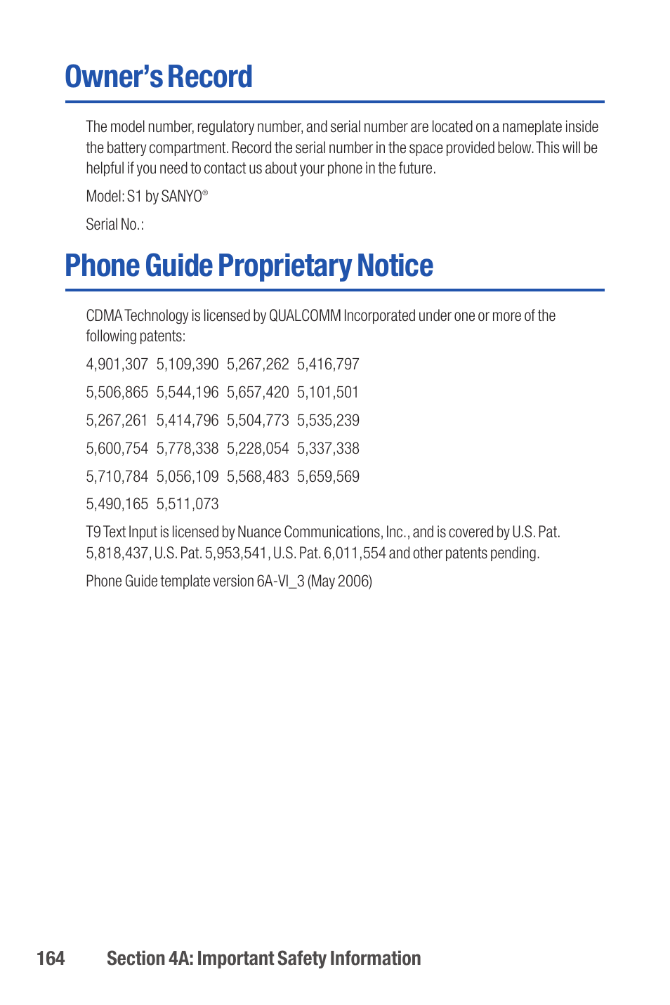 Owner’s record, Phone guide proprietary notice | Qwest S1 User Manual | Page 178 / 187