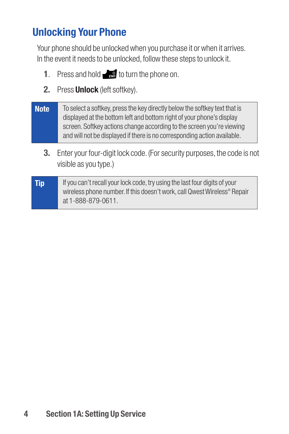 Unlocking your phone | Qwest S1 User Manual | Page 18 / 187