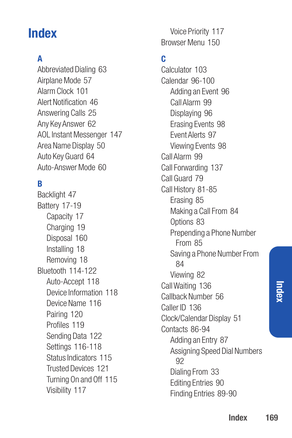 Index, Inde x | Qwest S1 User Manual | Page 183 / 187