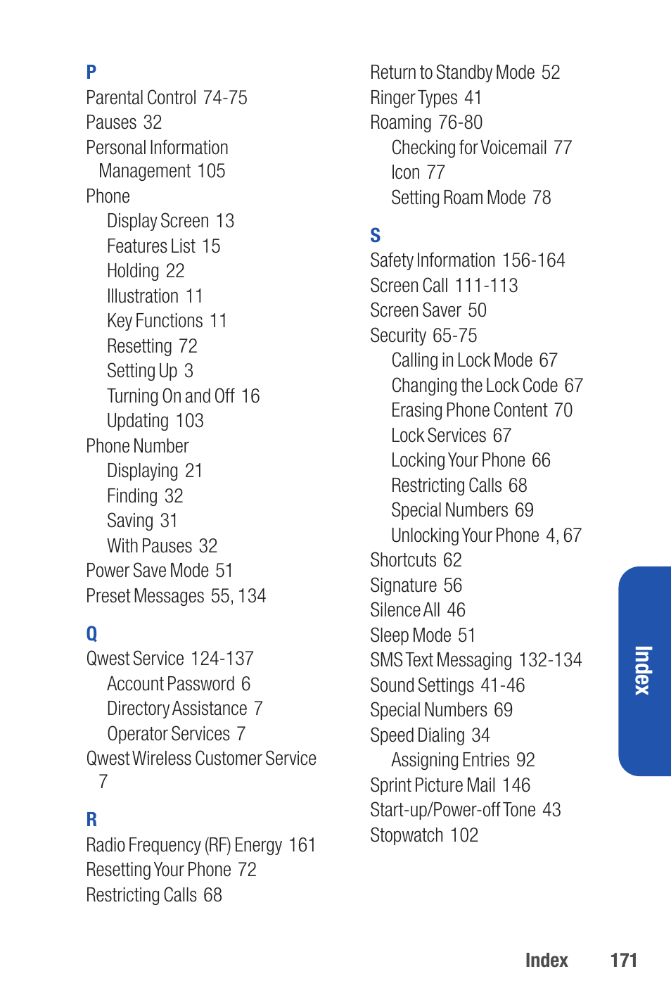 Inde x | Qwest S1 User Manual | Page 185 / 187