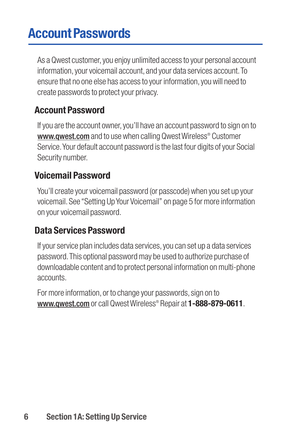 Account passwords | Qwest S1 User Manual | Page 20 / 187