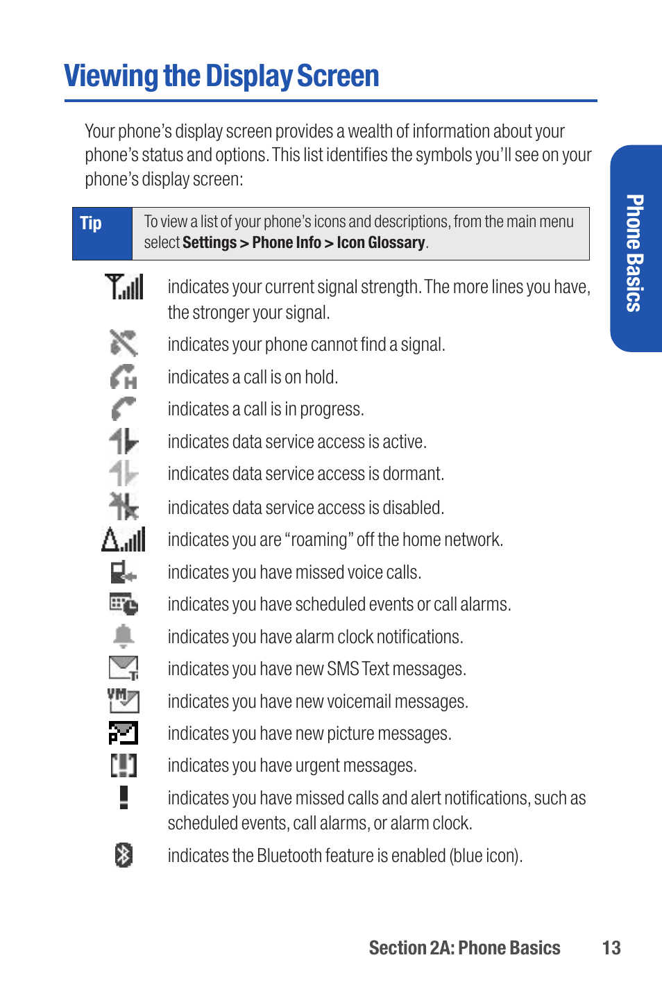 Viewing the display screen, Phone basics | Qwest S1 User Manual | Page 27 / 187
