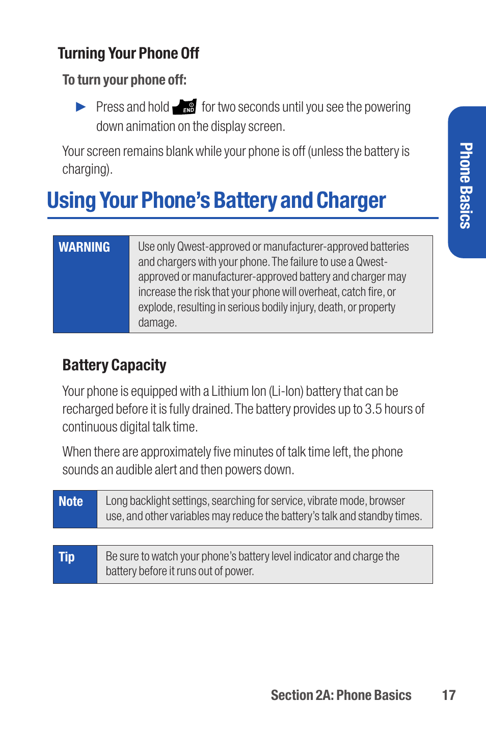 Using your phone’s battery and charger, Phone basics | Qwest S1 User Manual | Page 31 / 187