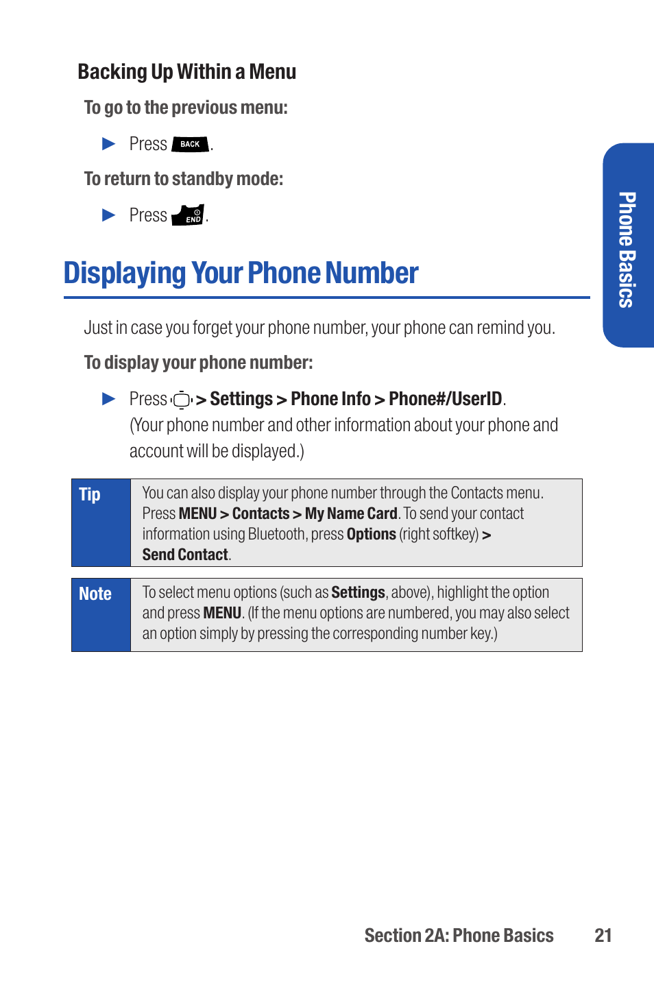 Displaying your phone number, Phone basics, Backing up within a menu | Qwest S1 User Manual | Page 35 / 187