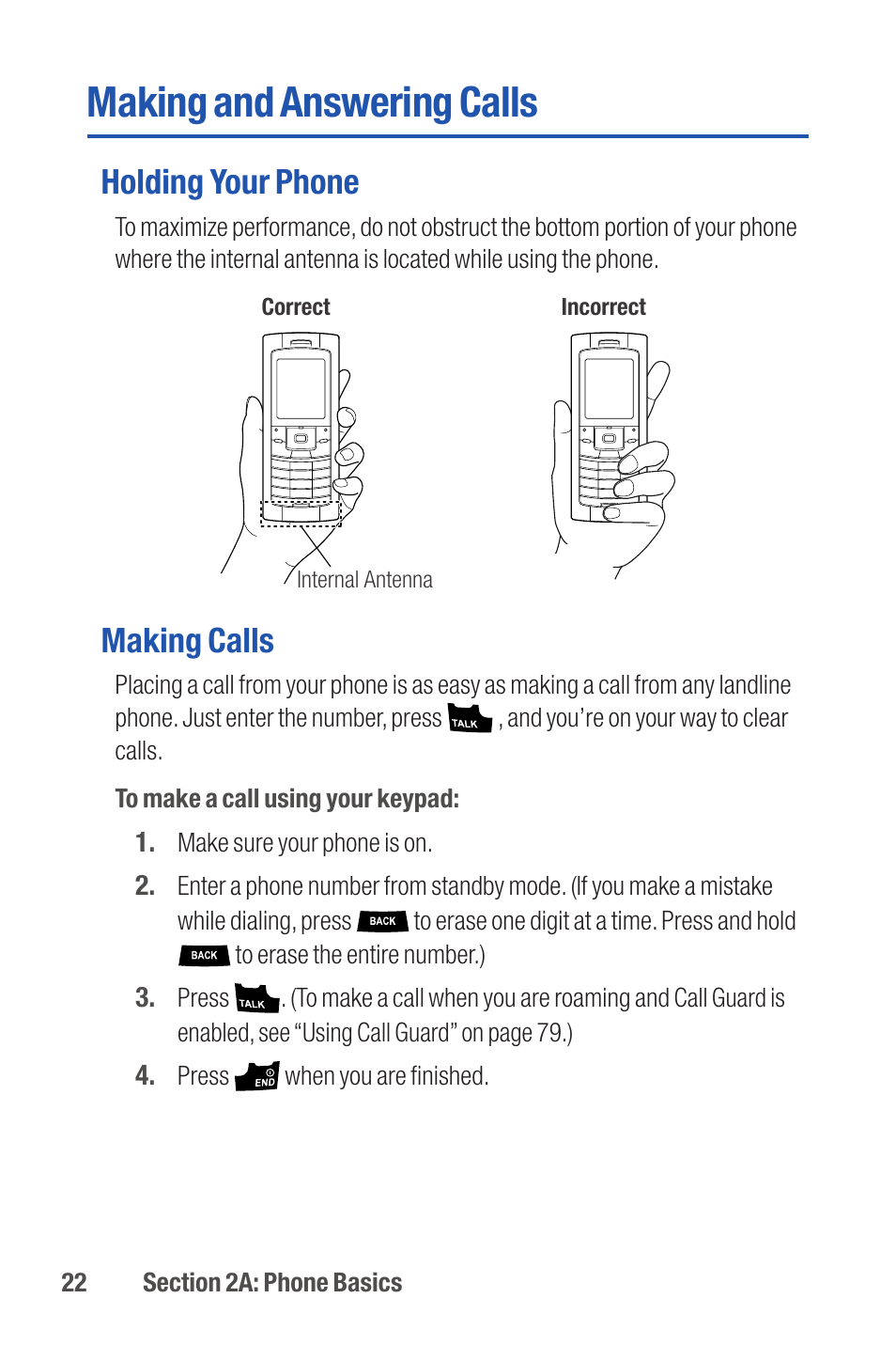 Making and answering calls, Holding your phone, Making calls | Qwest S1 User Manual | Page 36 / 187