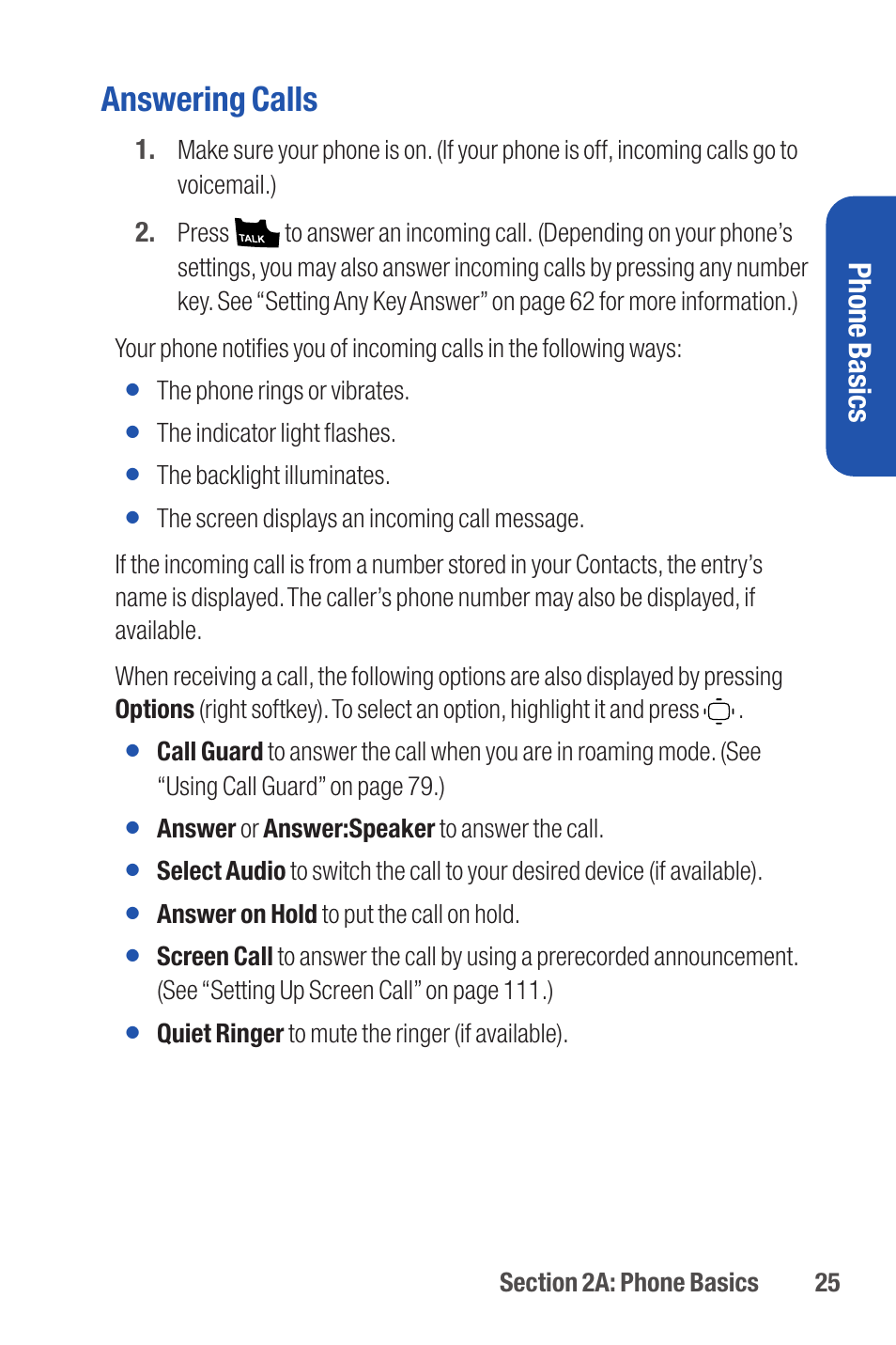 Answering calls, Phone basics | Qwest S1 User Manual | Page 39 / 187