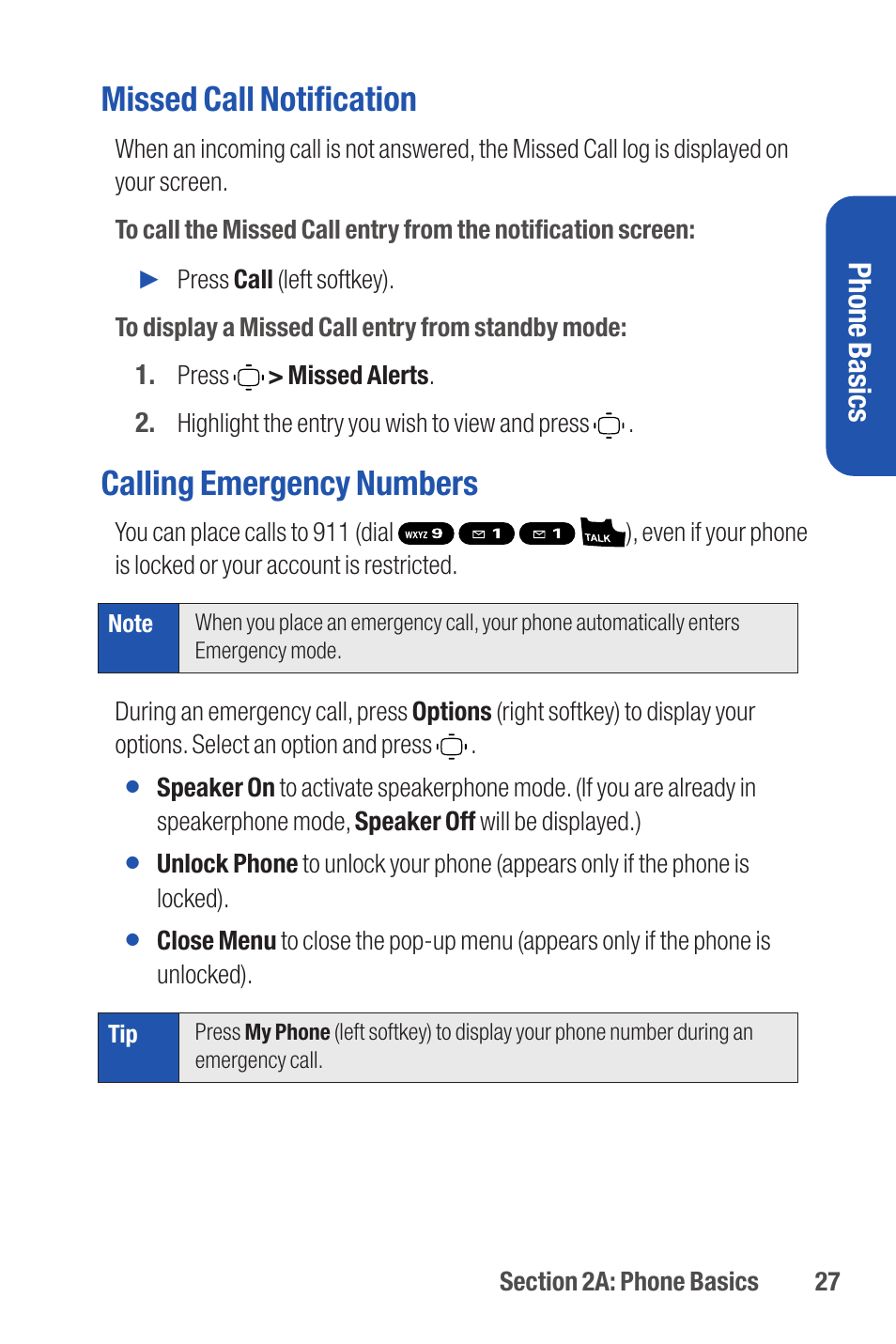 Missed call notification, Calling emergency numbers, Phone basics | Qwest S1 User Manual | Page 41 / 187