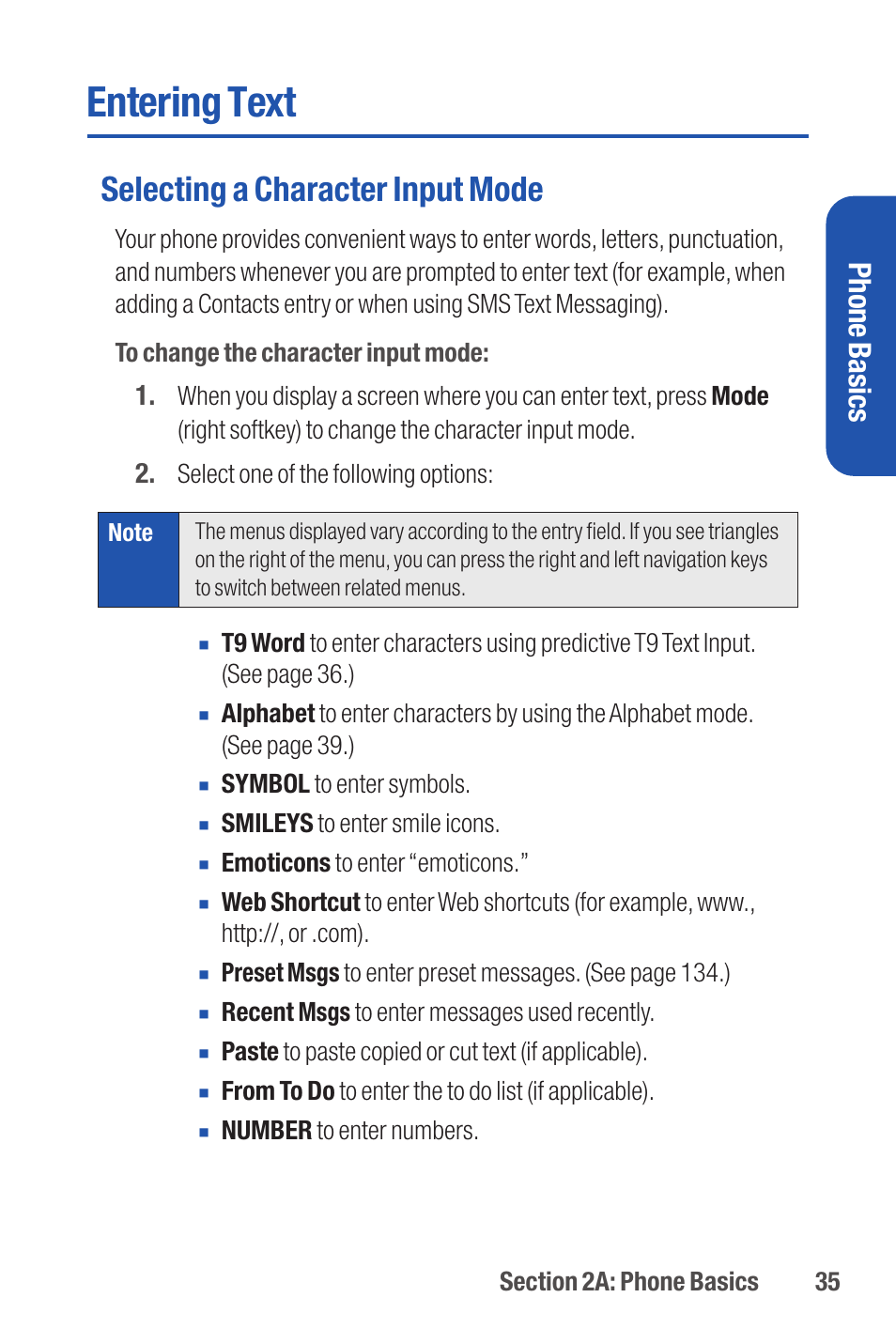 Entering text, Selecting a character input mode, Phone basics | Qwest S1 User Manual | Page 49 / 187