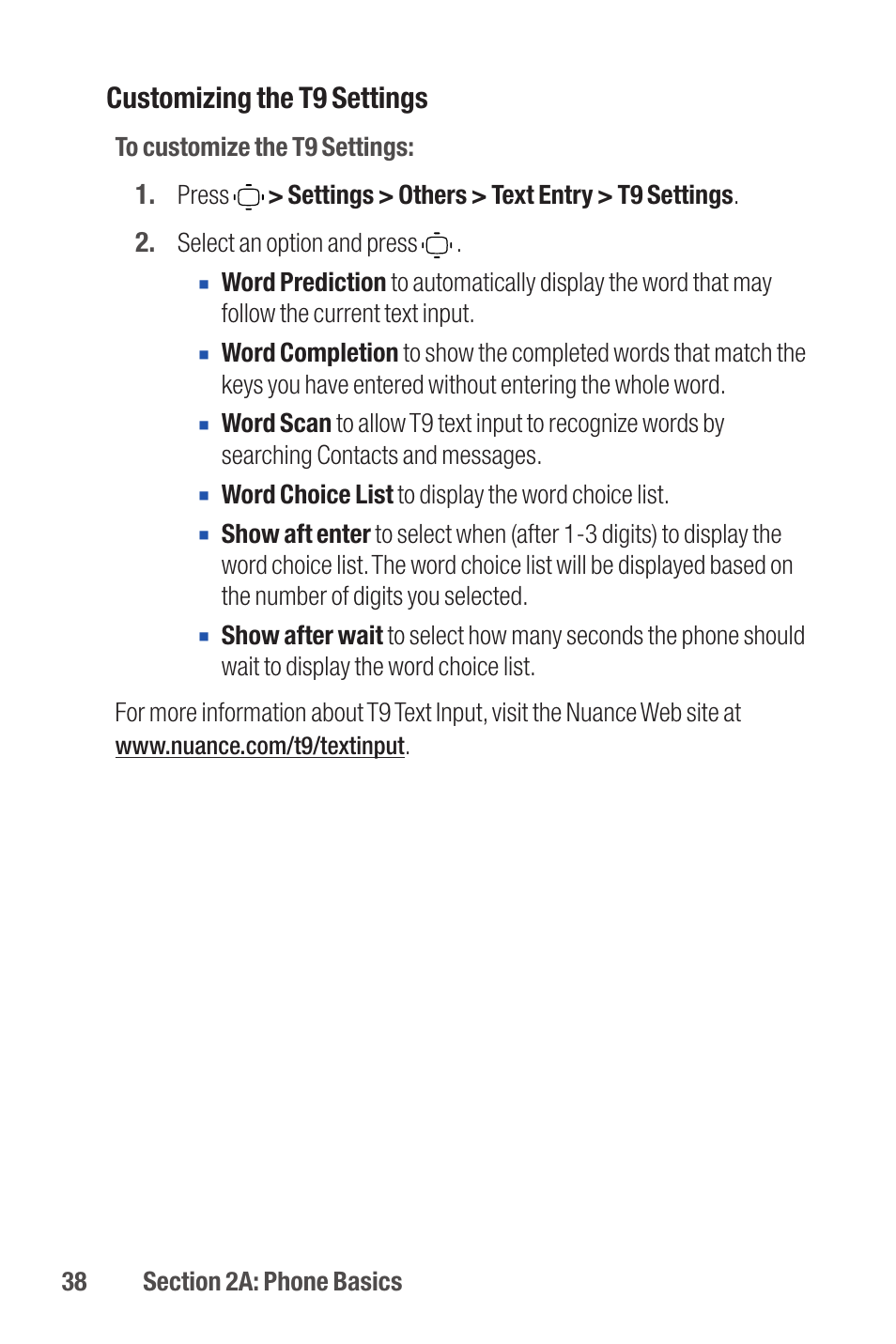 Customizing the t9 settings | Qwest S1 User Manual | Page 52 / 187