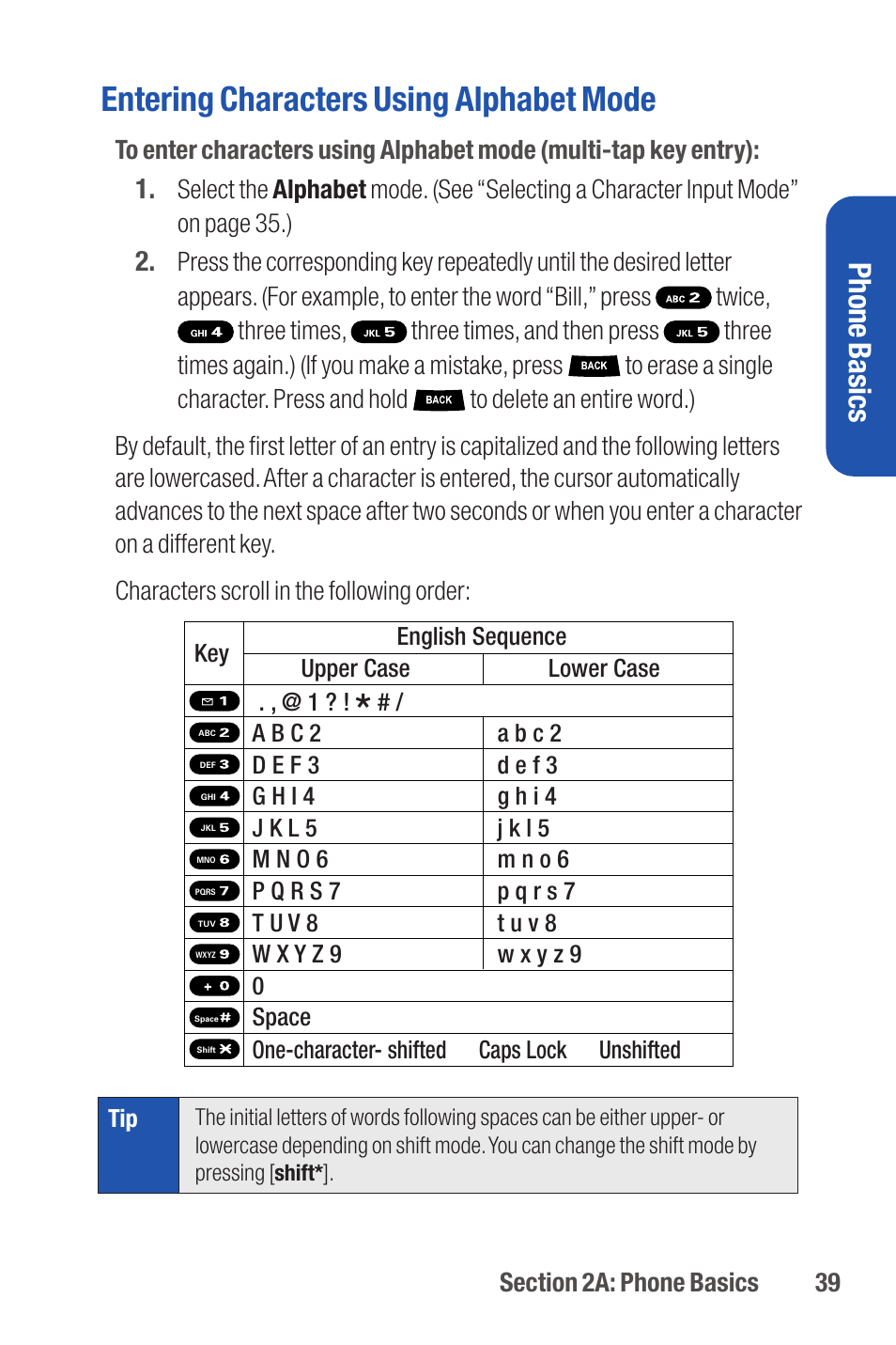 Entering characters using alphabet mode, Phone basics | Qwest S1 User Manual | Page 53 / 187