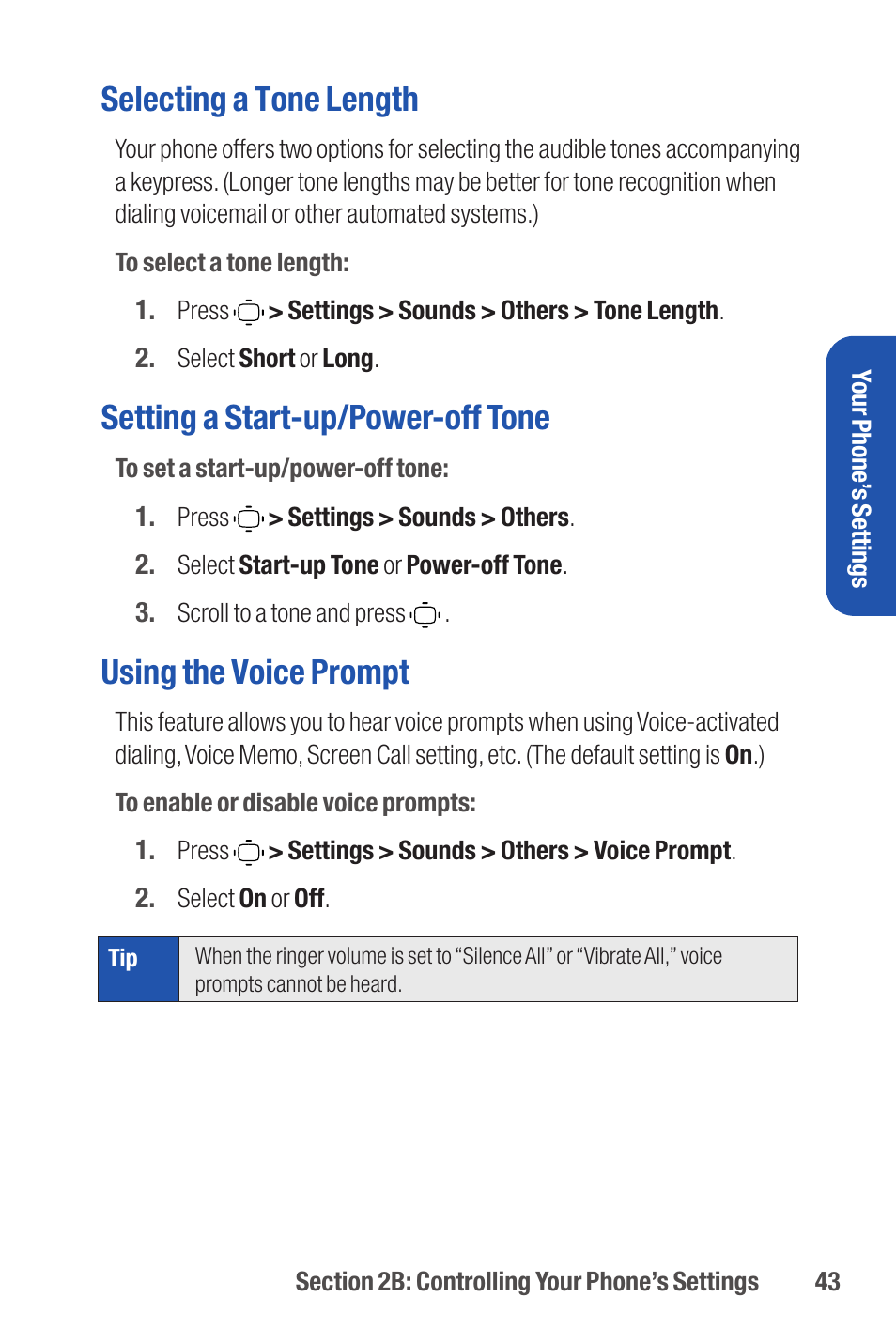 Selecting a tone length, Setting a start-up/power-off tone, Using the voice prompt | Qwest S1 User Manual | Page 57 / 187