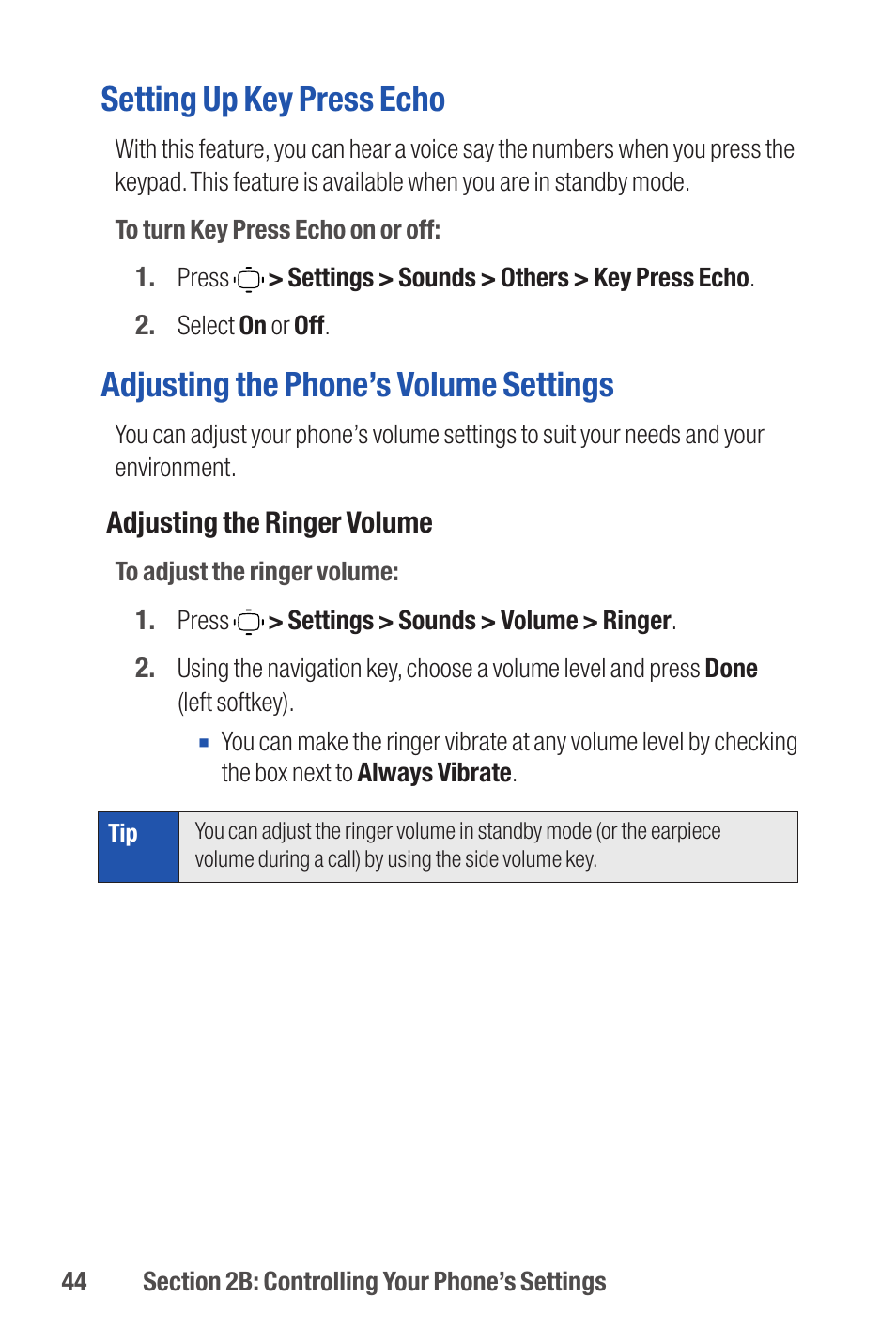 Setting up key press echo, Adjusting the phone’s volume settings | Qwest S1 User Manual | Page 58 / 187