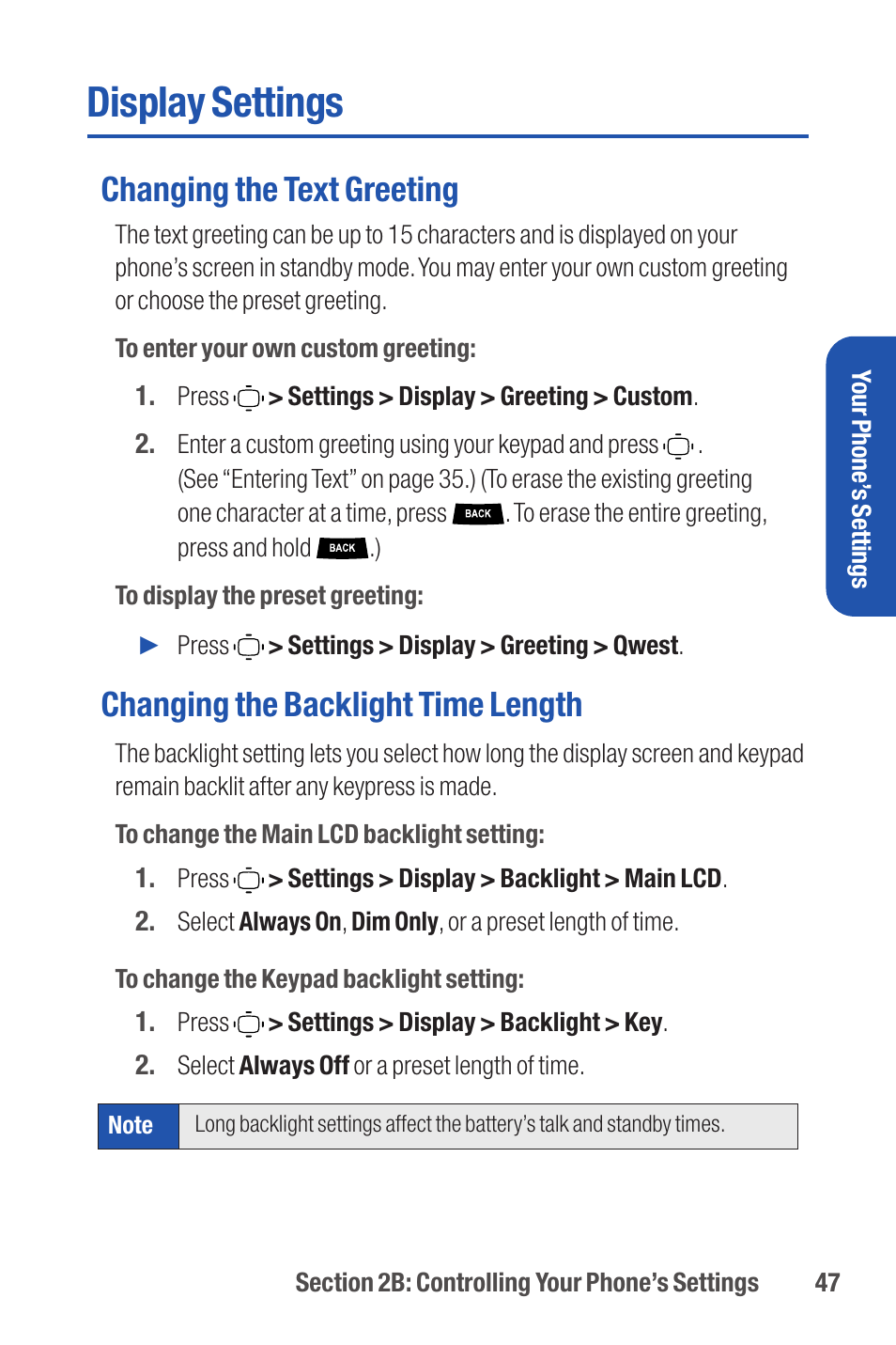 Display settings, Changing the text greeting, Changing the backlight time length | Qwest S1 User Manual | Page 61 / 187