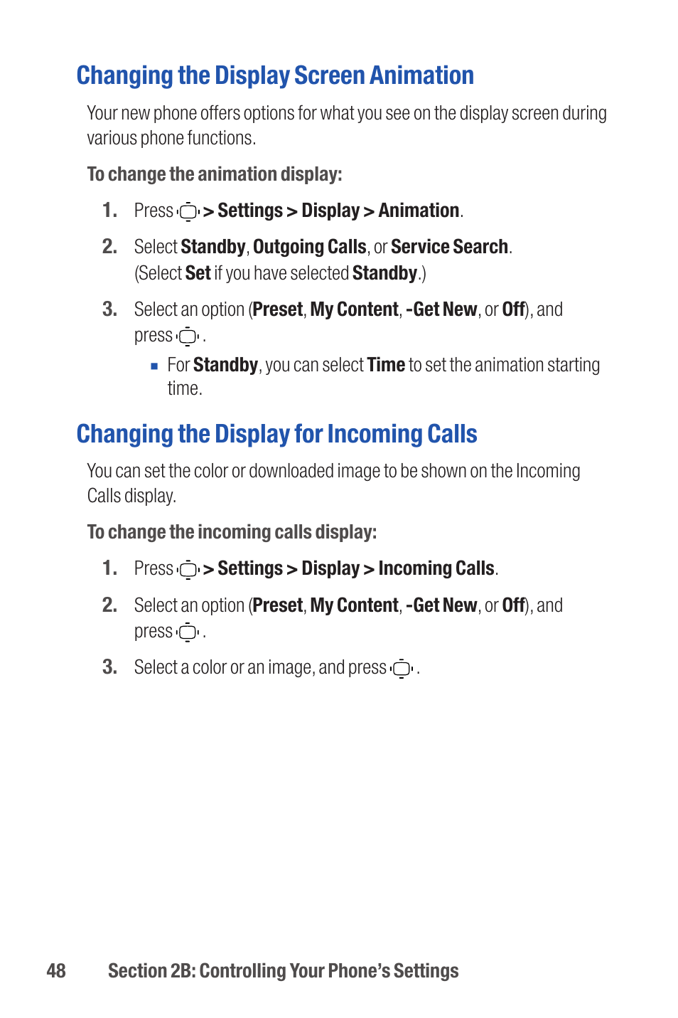 Changing the display screen animation, Changing the display for incoming calls | Qwest S1 User Manual | Page 62 / 187
