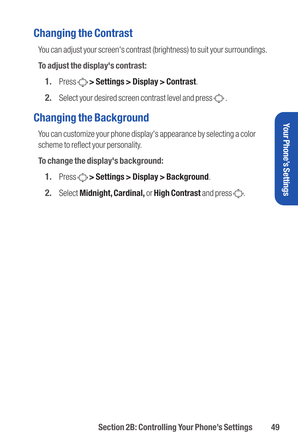 Changing the contrast, Changing the background | Qwest S1 User Manual | Page 63 / 187