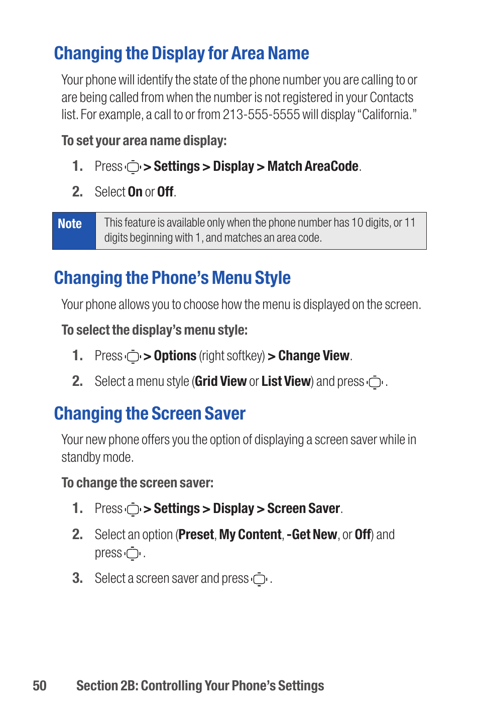 Changing the display for area name, Changing the phone’s menu style, Changing the screen saver | Qwest S1 User Manual | Page 64 / 187