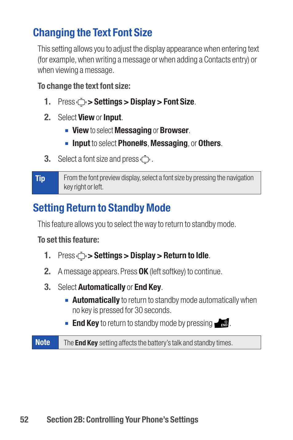 Changing the text font size, Setting return to standby mode | Qwest S1 User Manual | Page 66 / 187