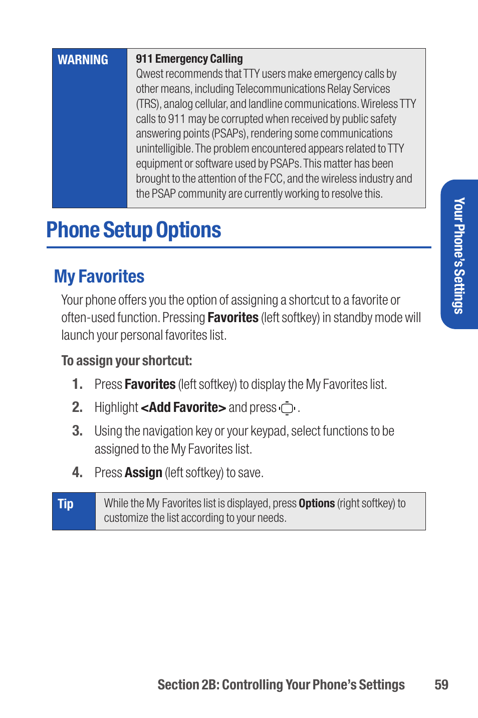 Phone setup options, My favorites | Qwest S1 User Manual | Page 73 / 187