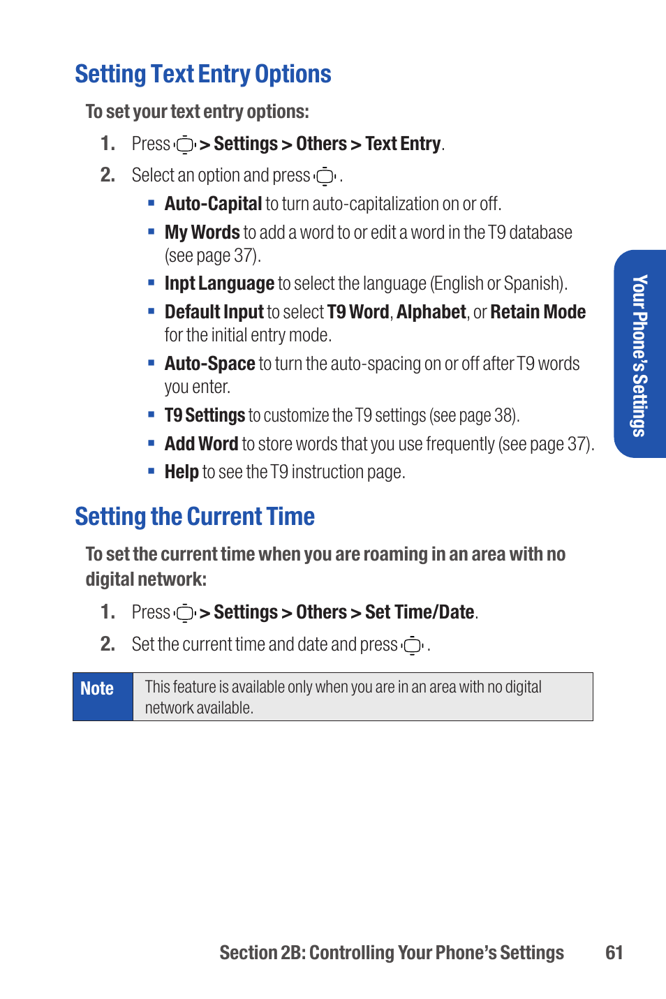 Setting text entry options, Setting the current time | Qwest S1 User Manual | Page 75 / 187