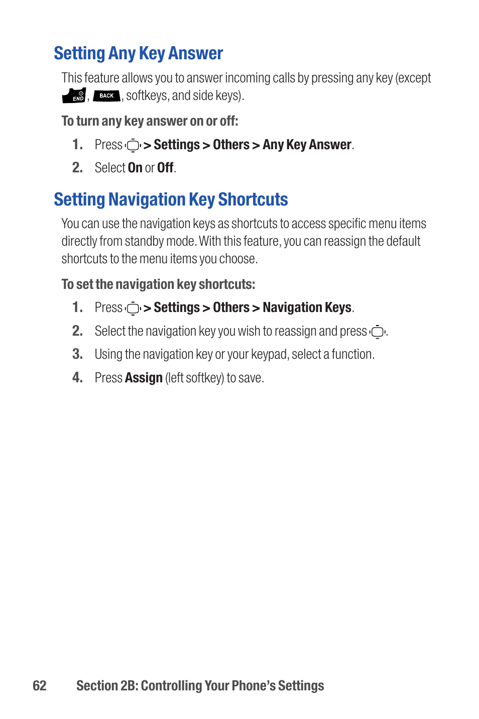 Setting any key answer, Setting navigation key shortcuts | Qwest S1 User Manual | Page 76 / 187
