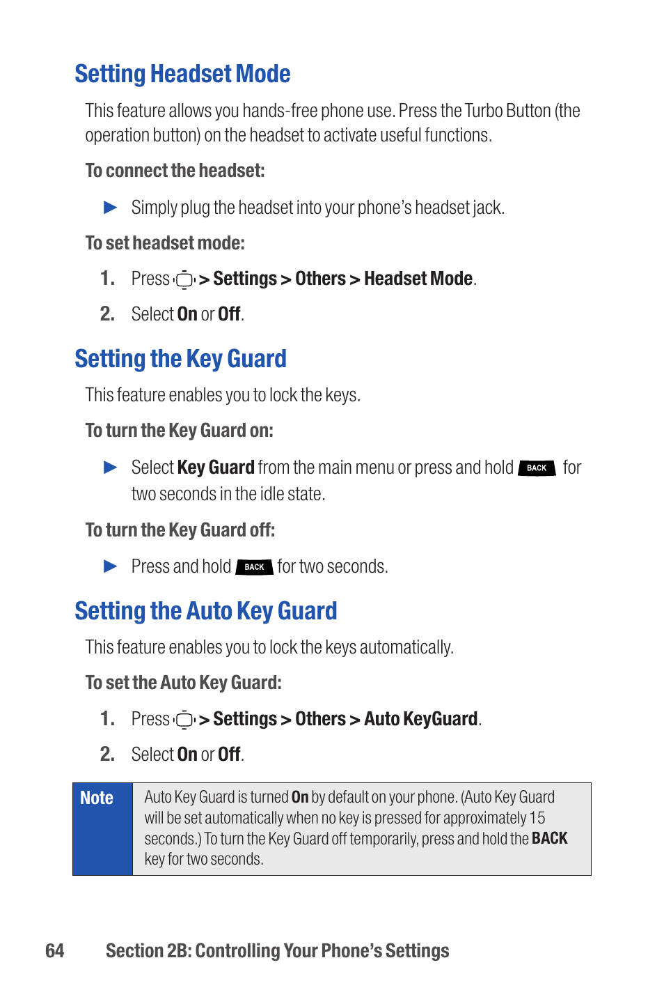 Setting headset mode, Setting the key guard, Setting the auto key guard | Qwest S1 User Manual | Page 78 / 187