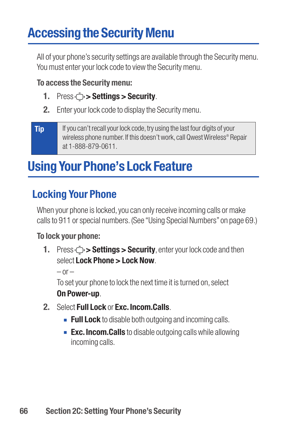 Accessing the security menu, Using your phone’s lock feature, Locking your phone | Qwest S1 User Manual | Page 80 / 187