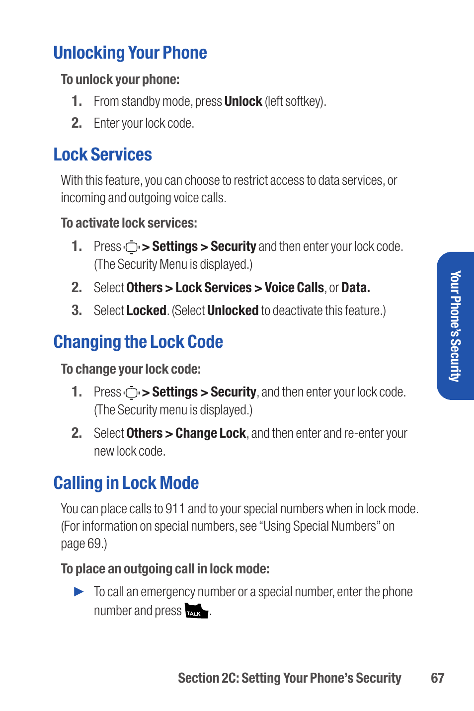 Unlocking your phone, Lock services, Changing the lock code | Calling in lock mode | Qwest S1 User Manual | Page 81 / 187