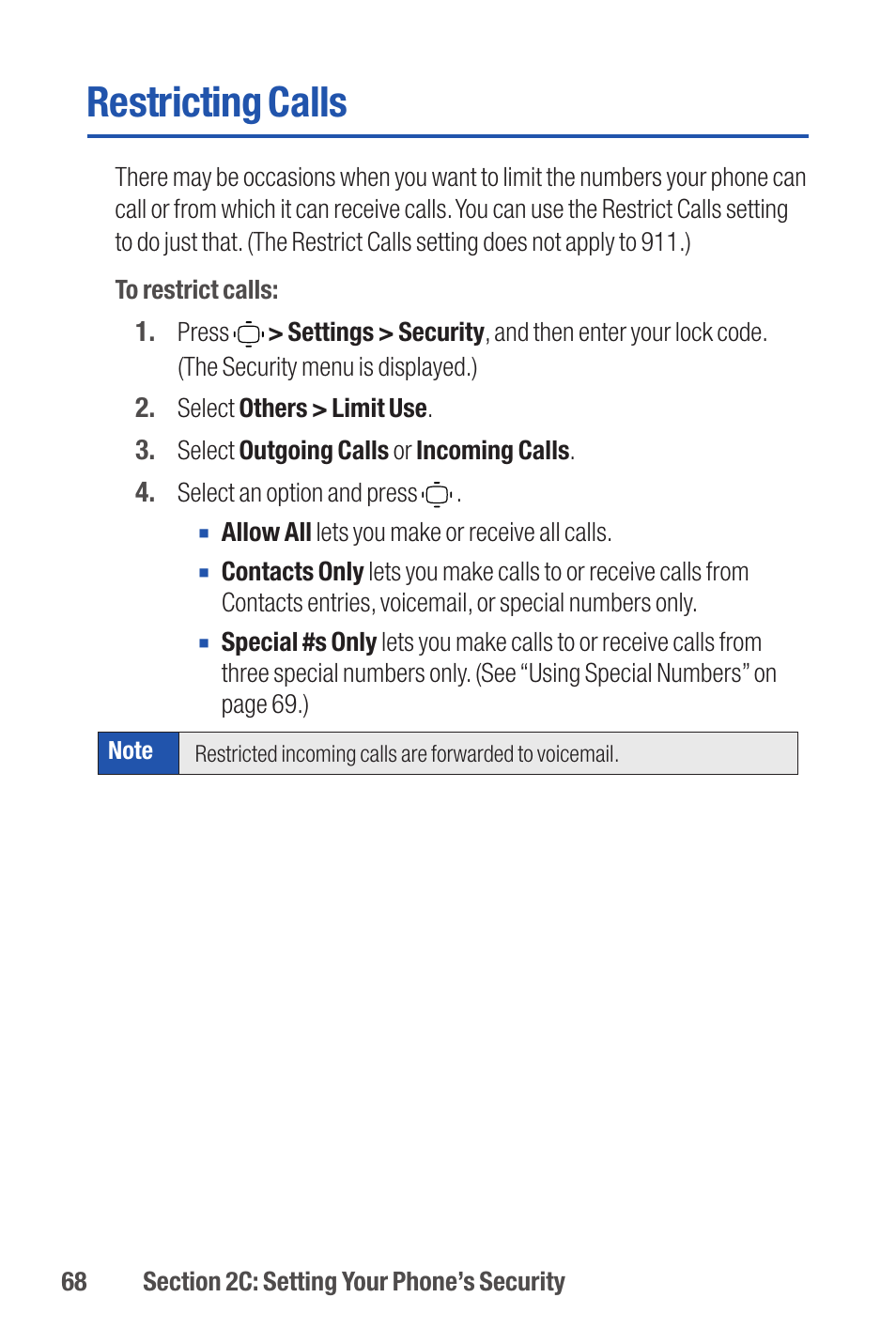 Restricting calls | Qwest S1 User Manual | Page 82 / 187