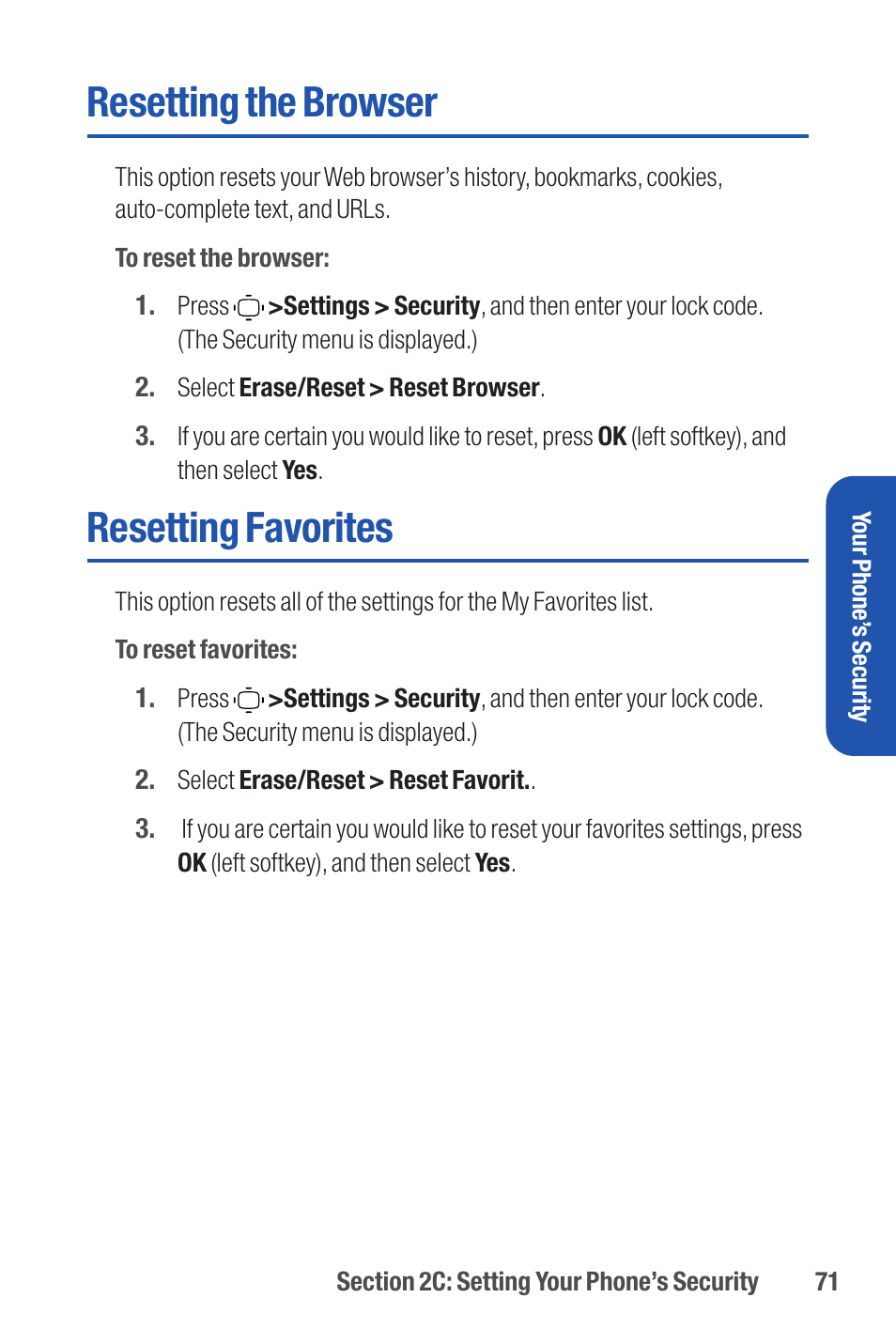 Resetting the browser, Resetting favorites | Qwest S1 User Manual | Page 85 / 187