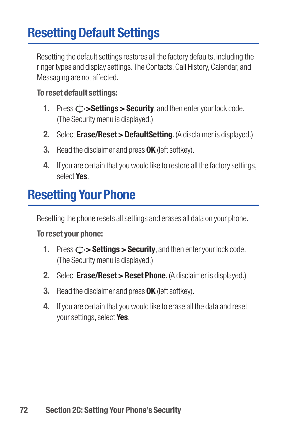 Resetting default settings, Resetting your phone | Qwest S1 User Manual | Page 86 / 187