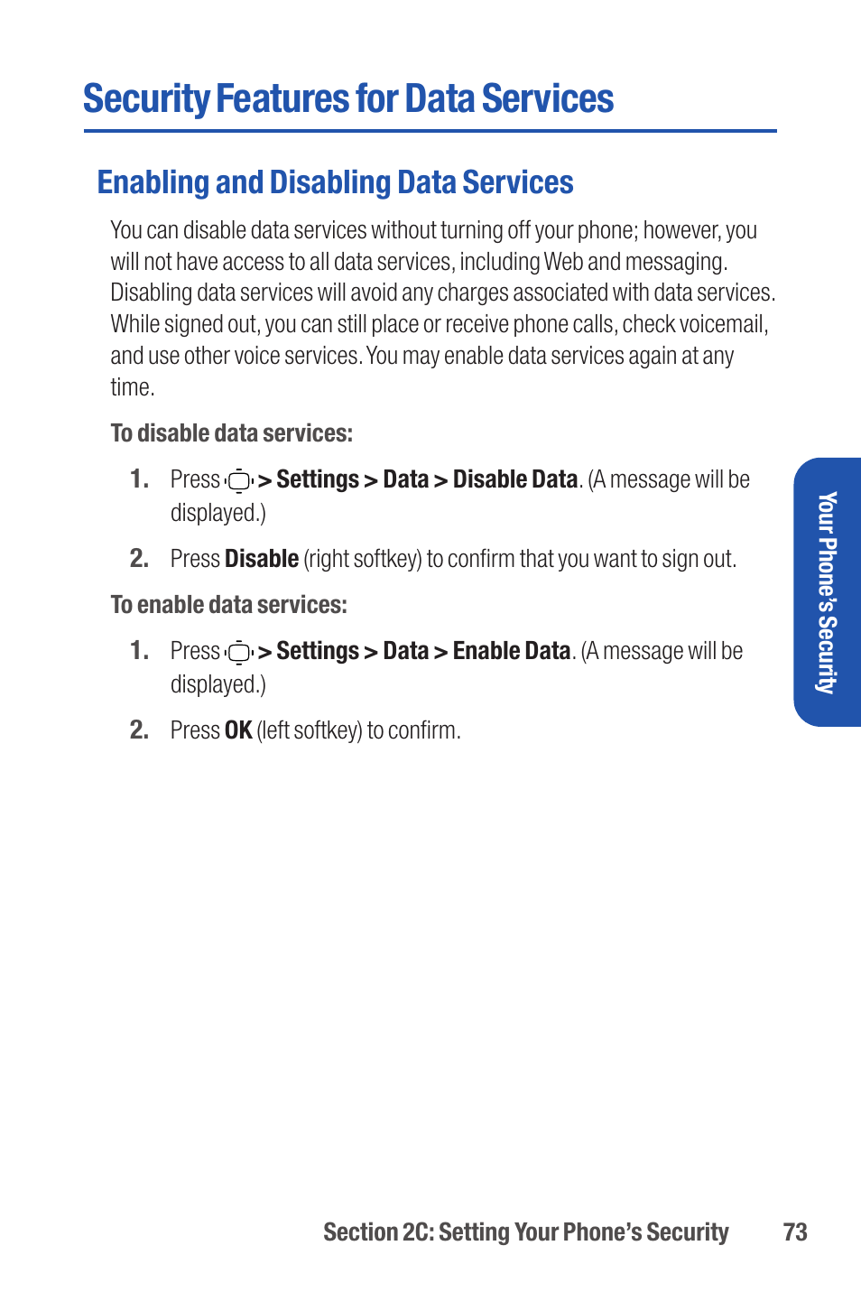 Security features for data services, Enabling and disabling data services | Qwest S1 User Manual | Page 87 / 187