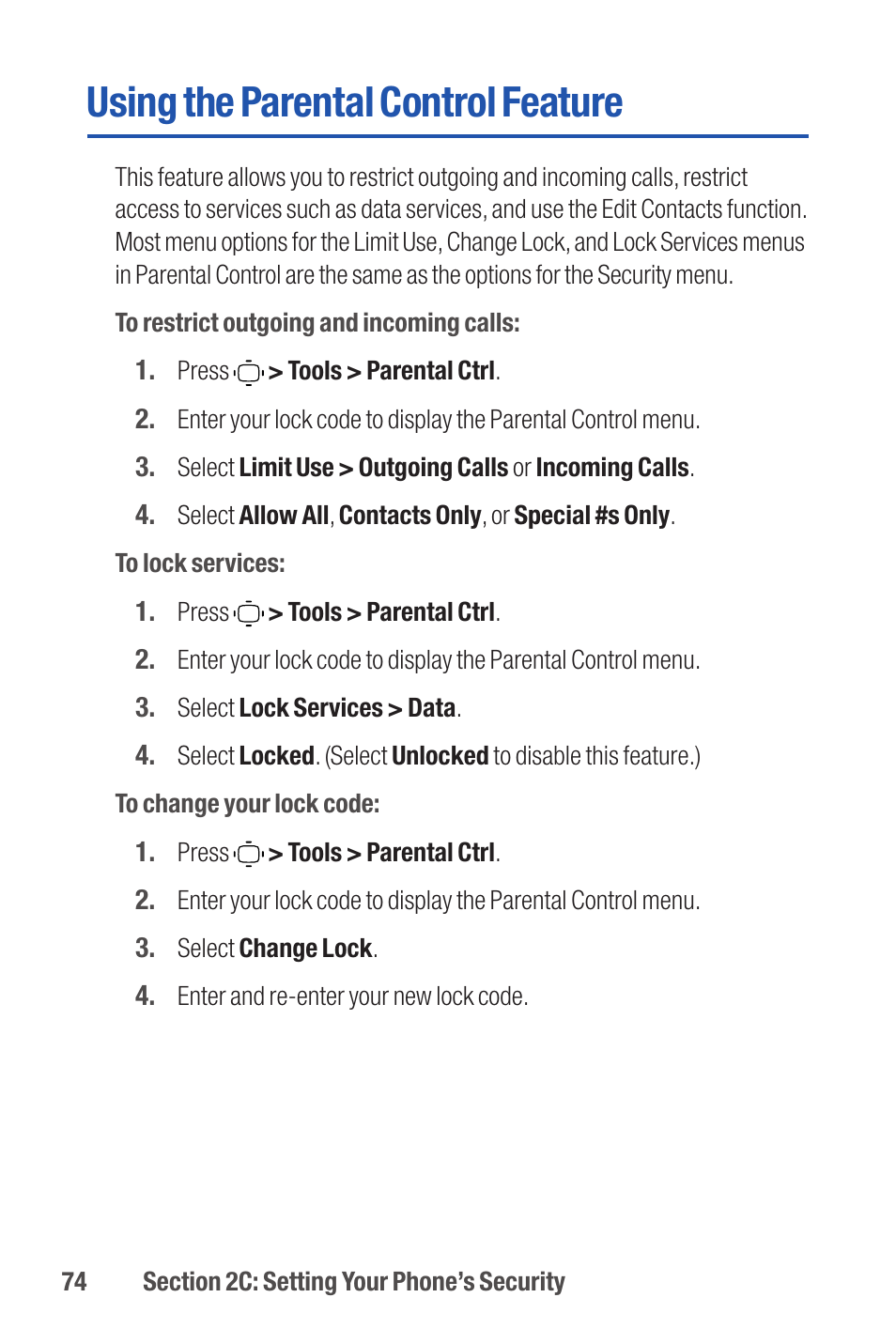 Using the parental control feature | Qwest S1 User Manual | Page 88 / 187