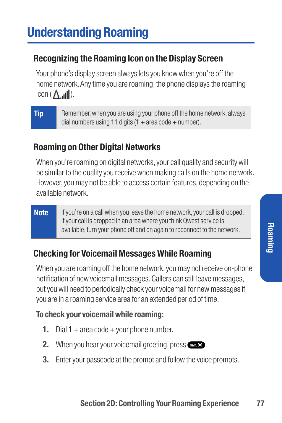 Understanding roaming | Qwest S1 User Manual | Page 91 / 187