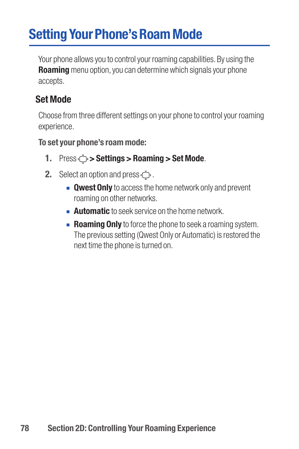 Setting your phone’s roam mode | Qwest S1 User Manual | Page 92 / 187