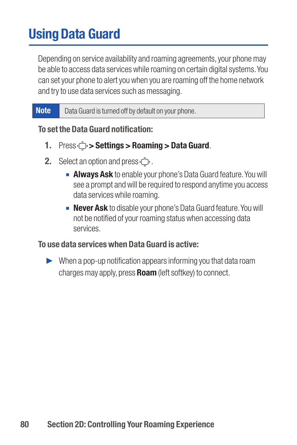 Using data guard | Qwest S1 User Manual | Page 94 / 187