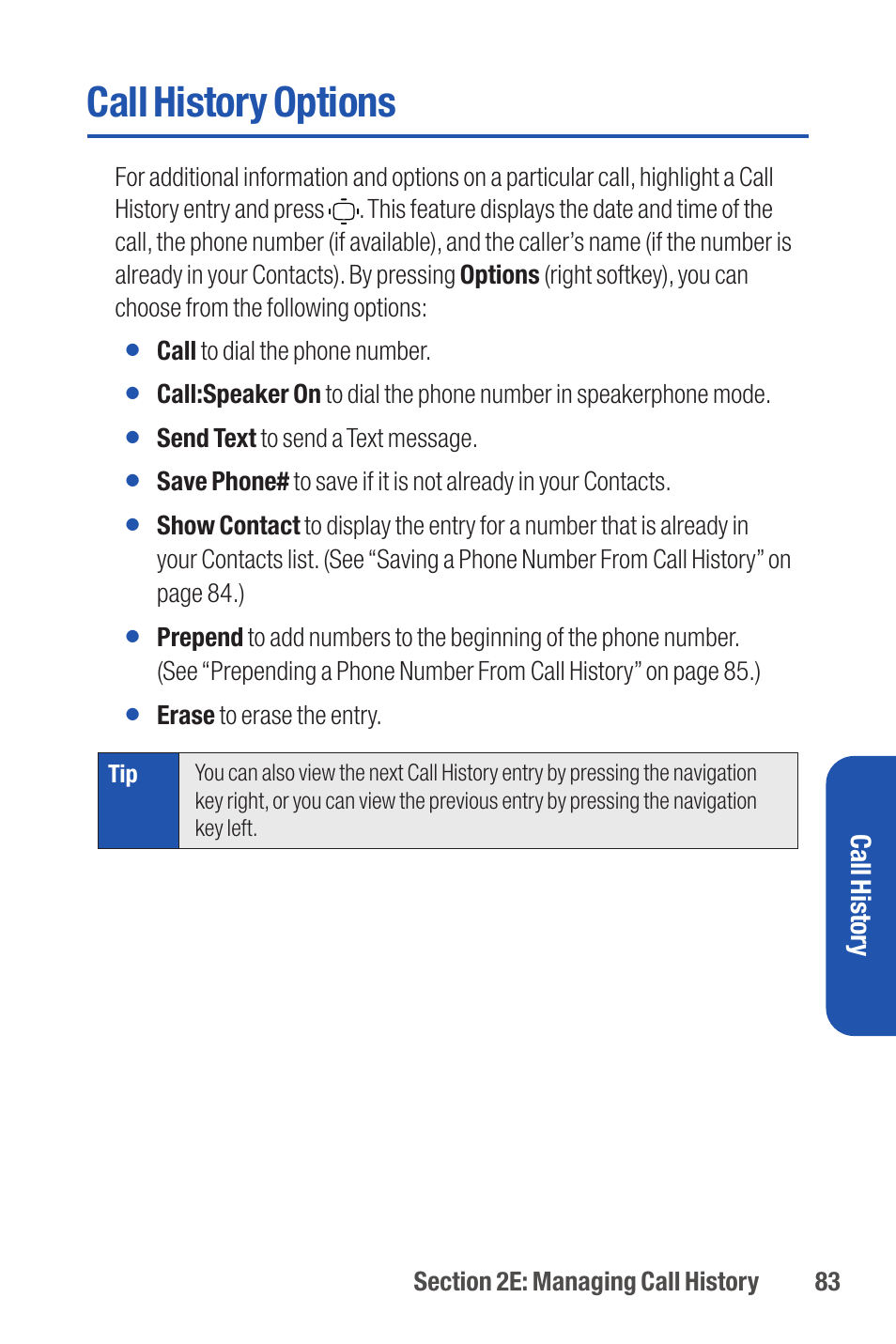 Call history options, Call histor y | Qwest S1 User Manual | Page 97 / 187