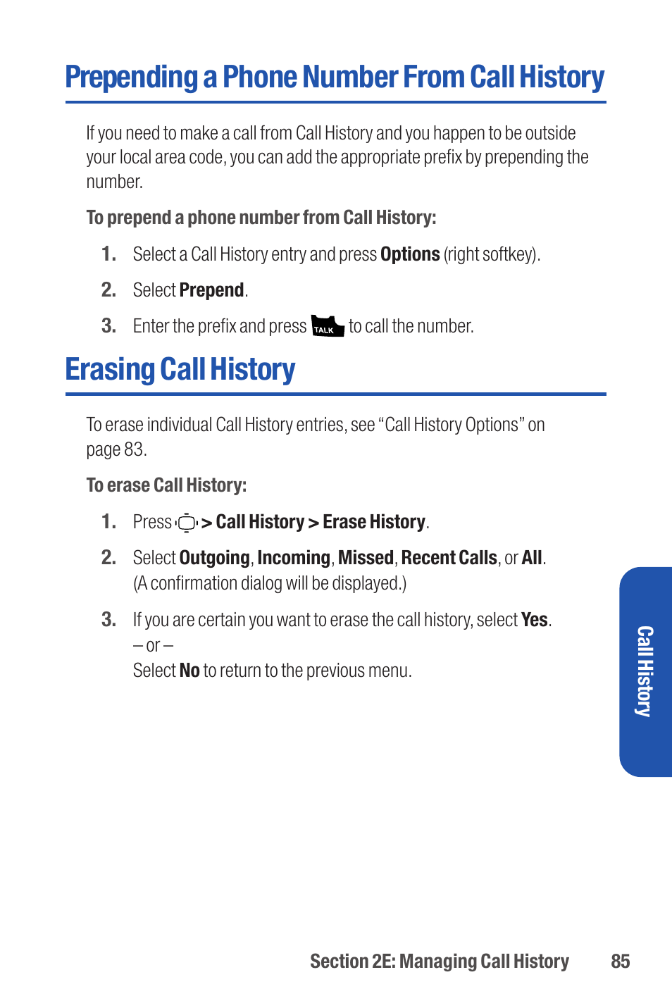 Prepending a phone number from call history, Erasing call history | Qwest S1 User Manual | Page 99 / 187
